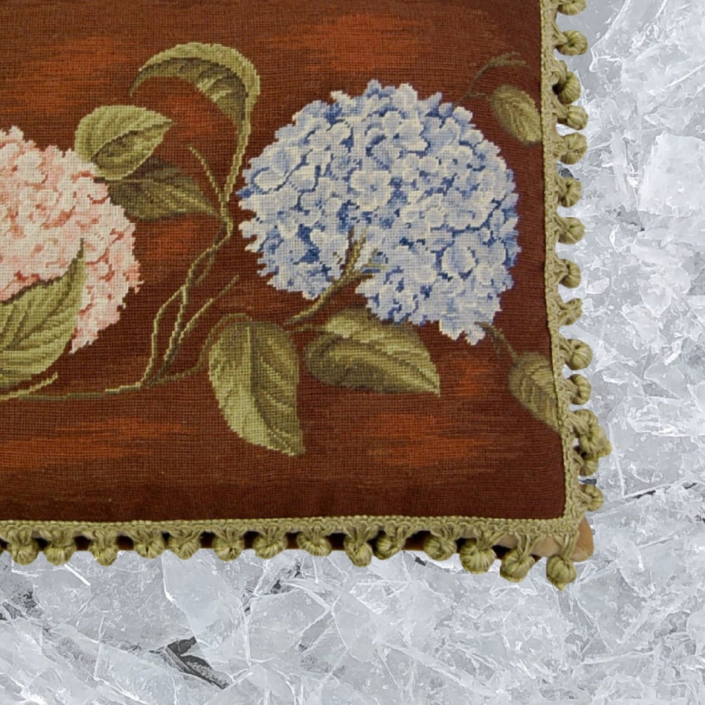 Handmade Wool Needlepoint Pillow Cover - Decorative Throw Cushion Cover - Vintage Floral Embroidery Design brown background pink & blue hydrangea with tassels