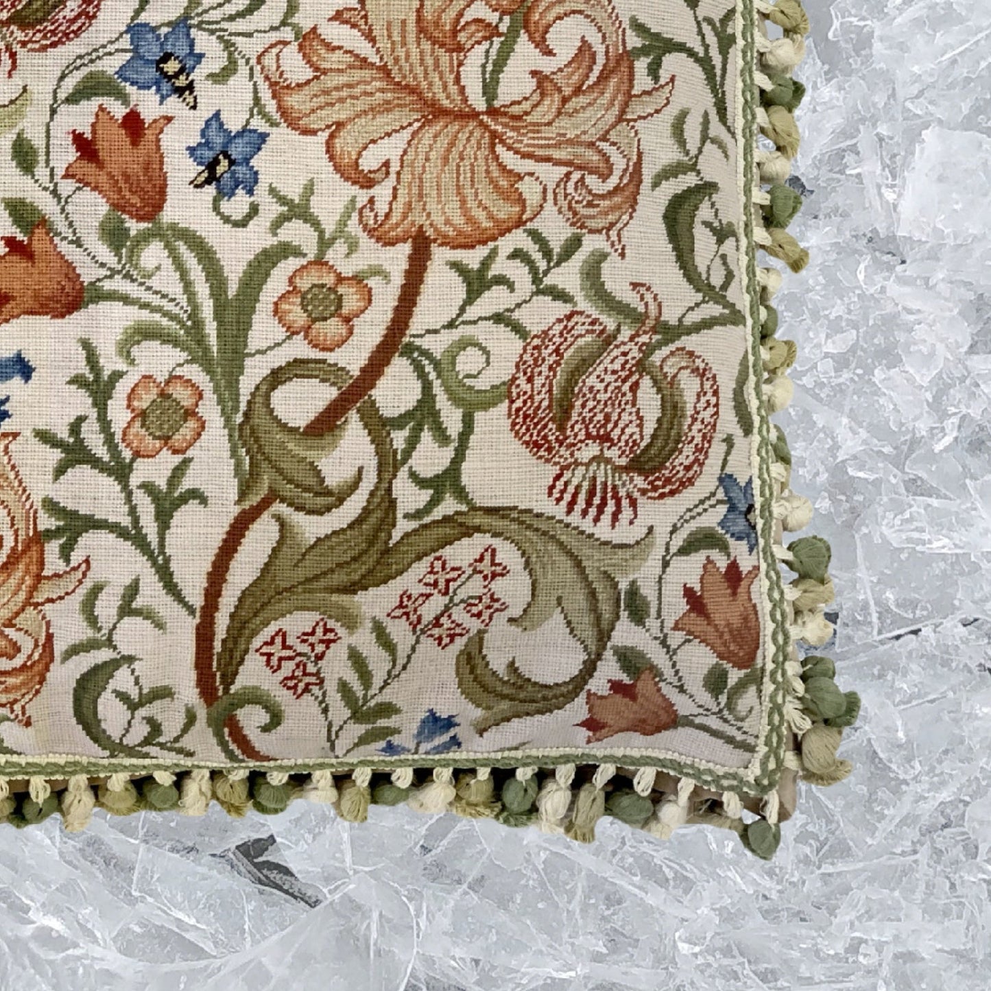 Handmade Wool Needlepoint Pillow Cover - Decorative Throw Cushion Cover - Vintage Floral Embroidery Design floral in orange pink green blue with tassels A