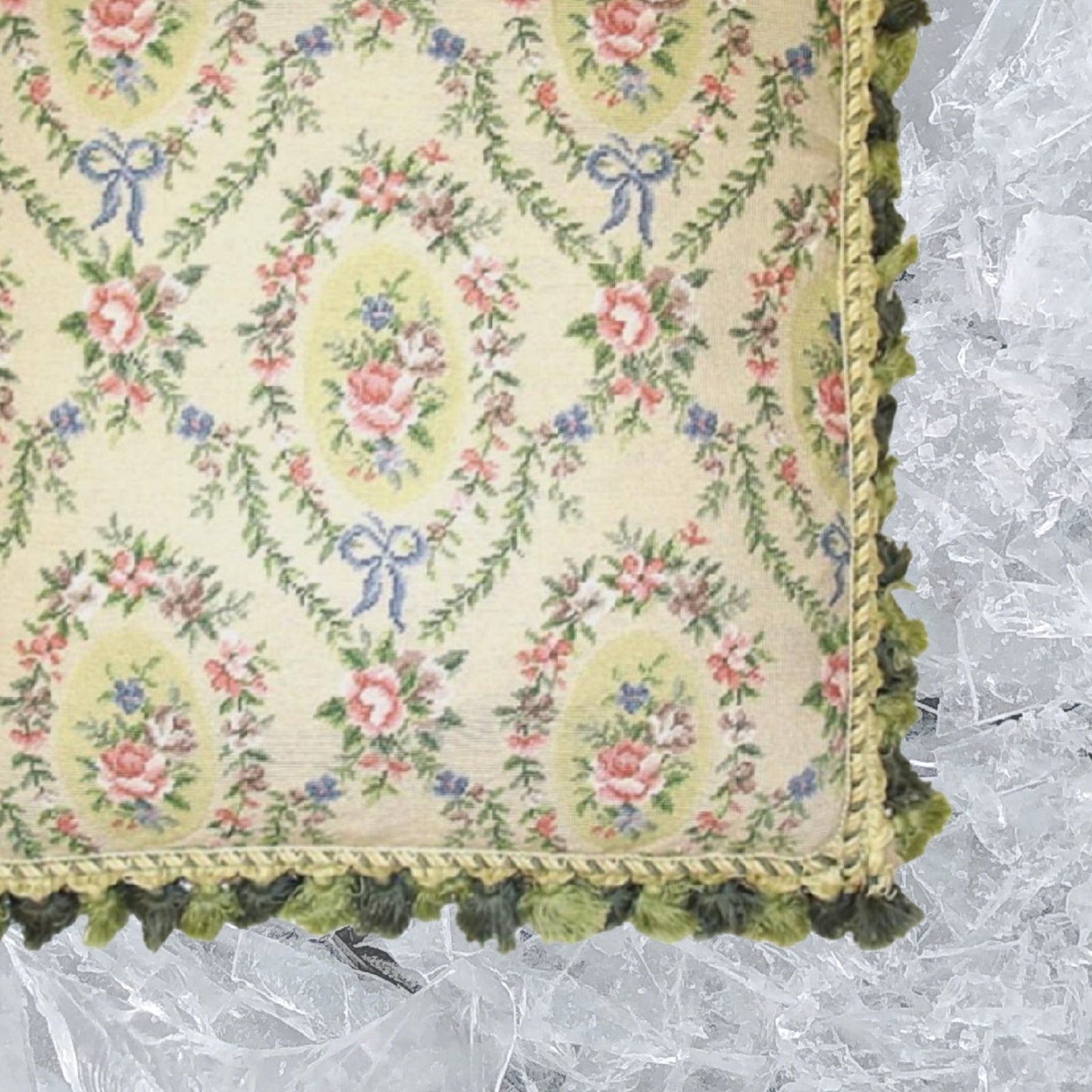 Handmade Wool Needlepoint Pillow Cover - Decorative Throw Cushion Cover - Vintage Floral Embroidery Design oval shape roses in the leave frame with 2 tone green tassel