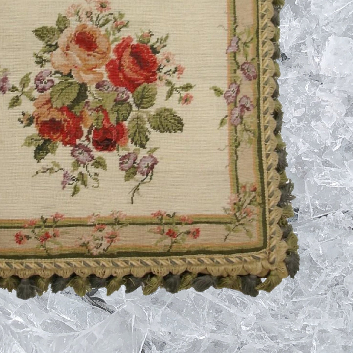 Handmade Wool Needlepoint Pillow Cover - Decorative Throw Cushion Cover - Vintage Floral Embroidery Design center roses small flowers around board 2 color back & tassel