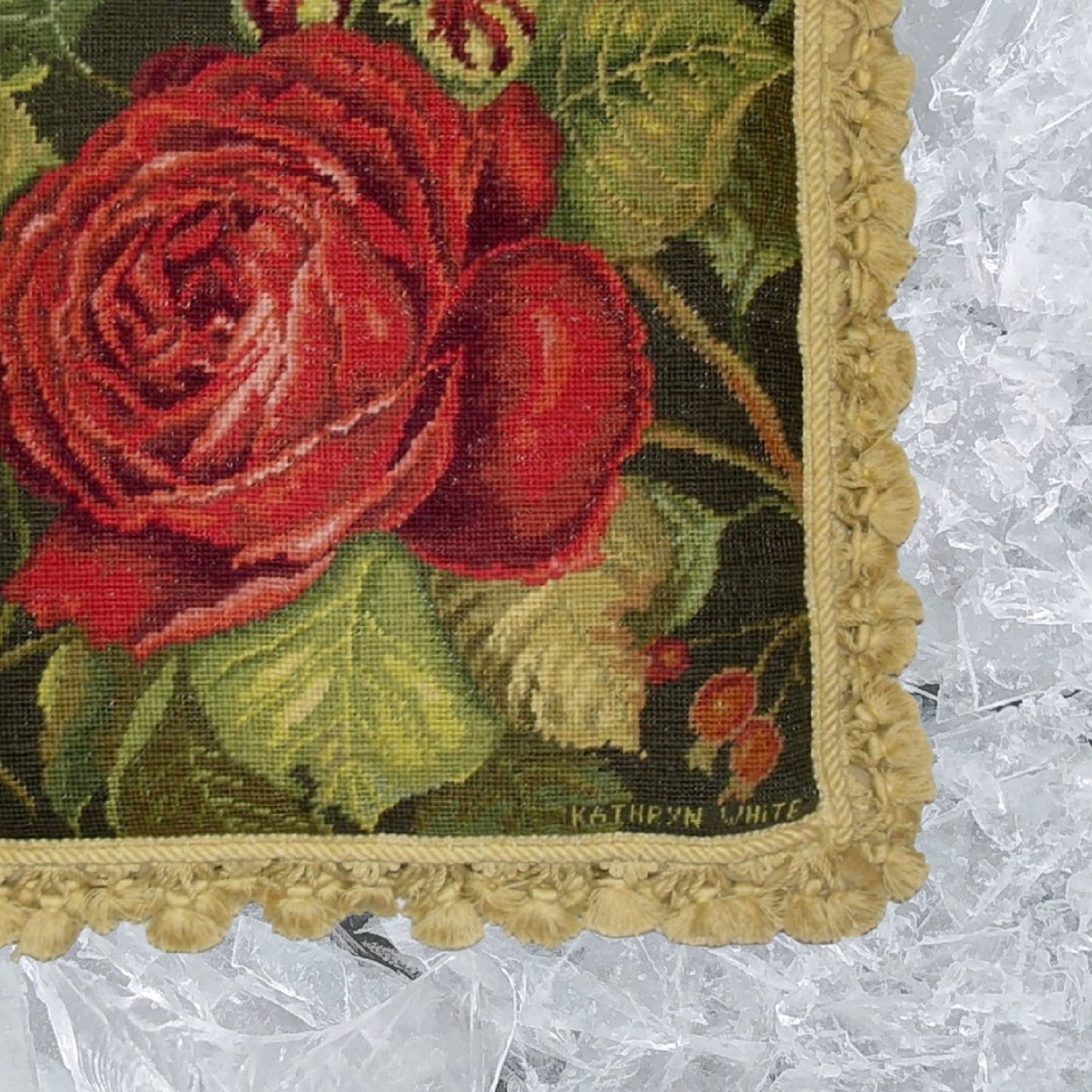 Handmade Wool Needlepoint Pillow Cover - Decorative Throw Cushion Cover - Vintage Floral Embroidery Design Kathryn White designRose Rouge, Grosspoint