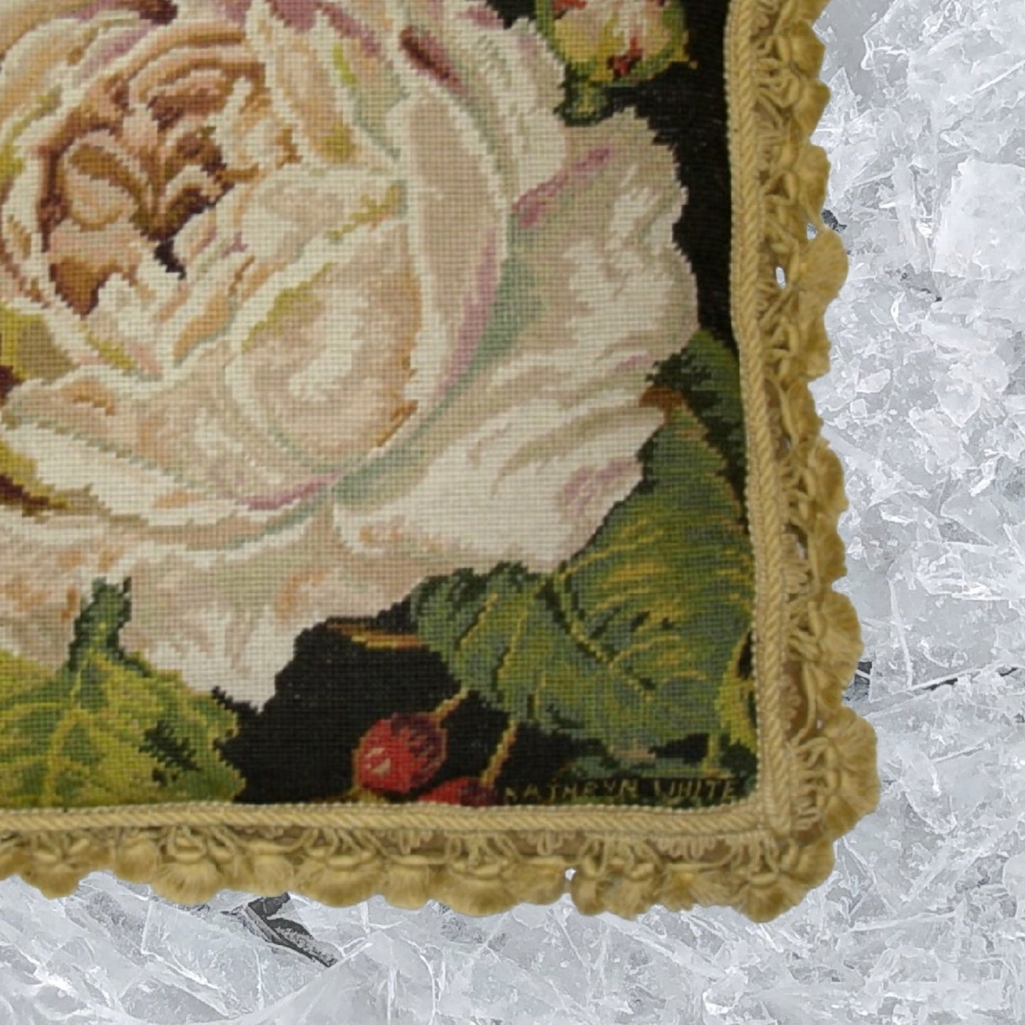 Handmade Wool Needlepoint Pillow Cover - Decorative Throw Cushion Cover - Vintage Floral Embroidery Design Kathryn White designRose Blanche, grosspoint
