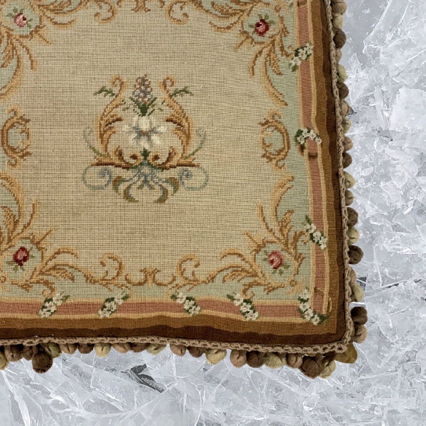 Handmade Wool Needlepoint Pillow Cover - Decorative Throw Cushion Cover - Vintage Floral Embroidery Design yellow harp floral with 3 color tassel