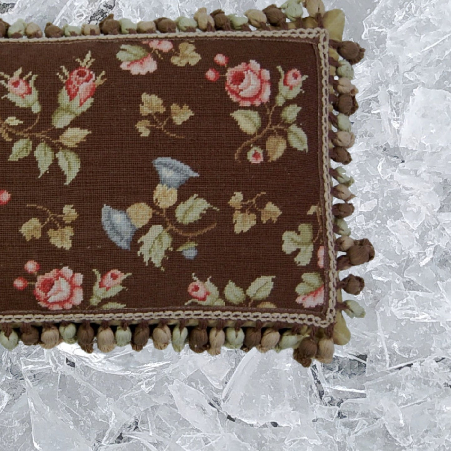 Handmade Wool Needlepoint Pillow Cover - Decorative Throw Cushion Cover - Vintage Floral Embroidery Design pink roses brown back with tassels