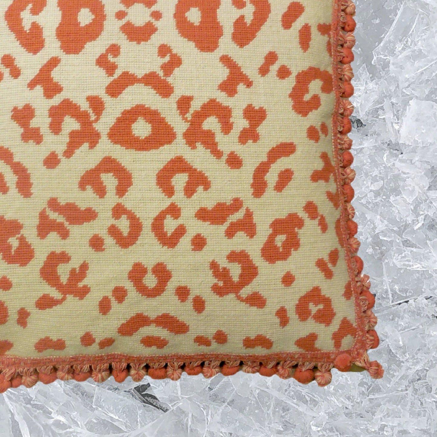 Handmade Wool Needlepoint Pillow Cover - Decorative Throw Cushion Cover - Vintage Floral Embroidery Design orange animal print with tassels