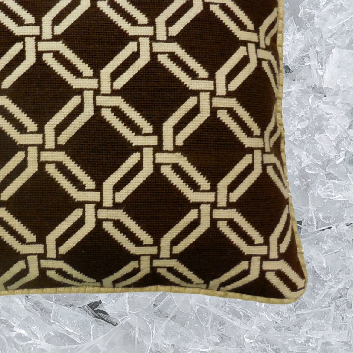 Handmade Wool Needlepoint Pillow Cover - Decorative Throw Cushion Cover - Vintage Floral Embroidery Design chain square in dark brown checker cording