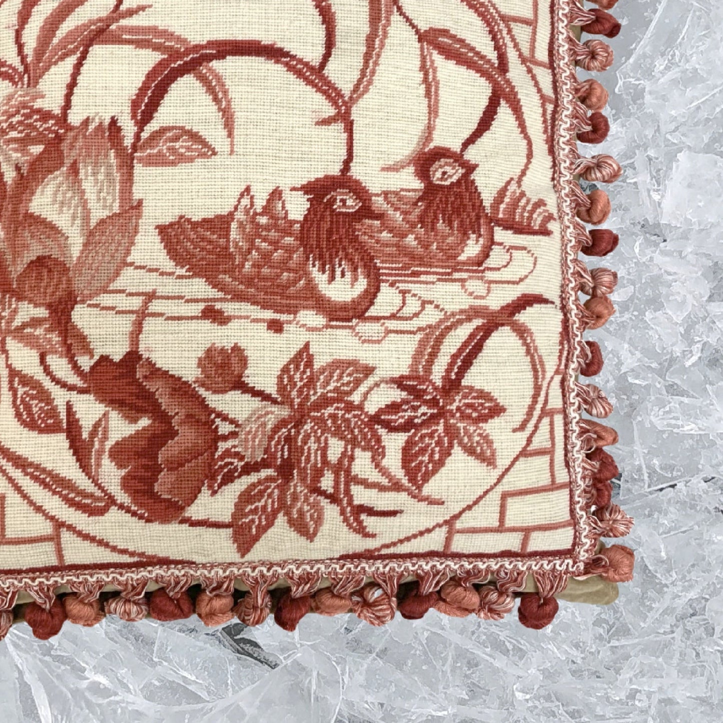 Handmade Wool Needlepoint Pillow Cover - Decorative Throw Cushion Cover - Vintage Floral Embroidery Design red Mandarin Ducks lotus flower with tassels
