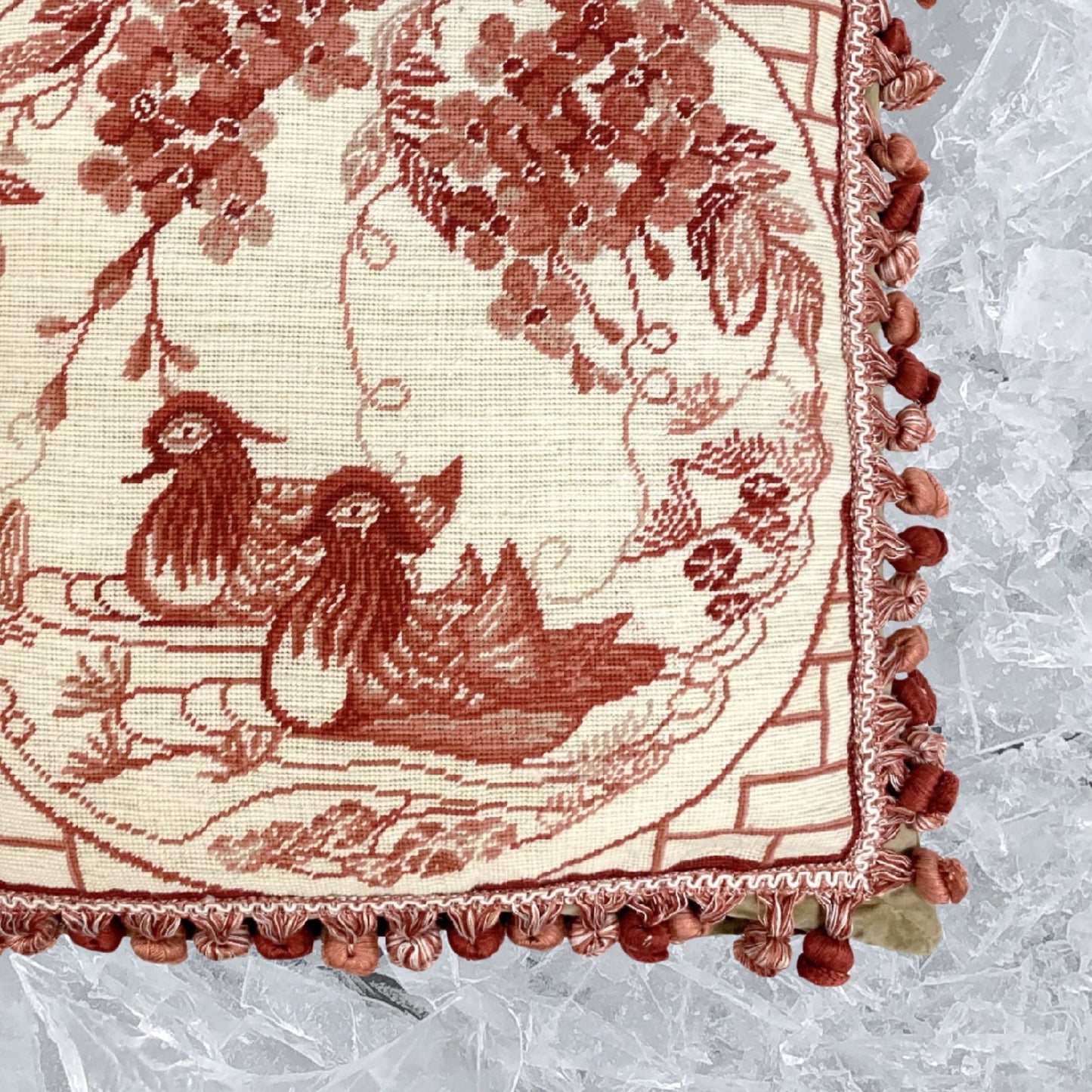 Handmade Wool Needlepoint Pillow Cover - Decorative Throw Cushion Cover - Vintage Floral Embroidery Design red Manderain Ducks plum flowers with tassels