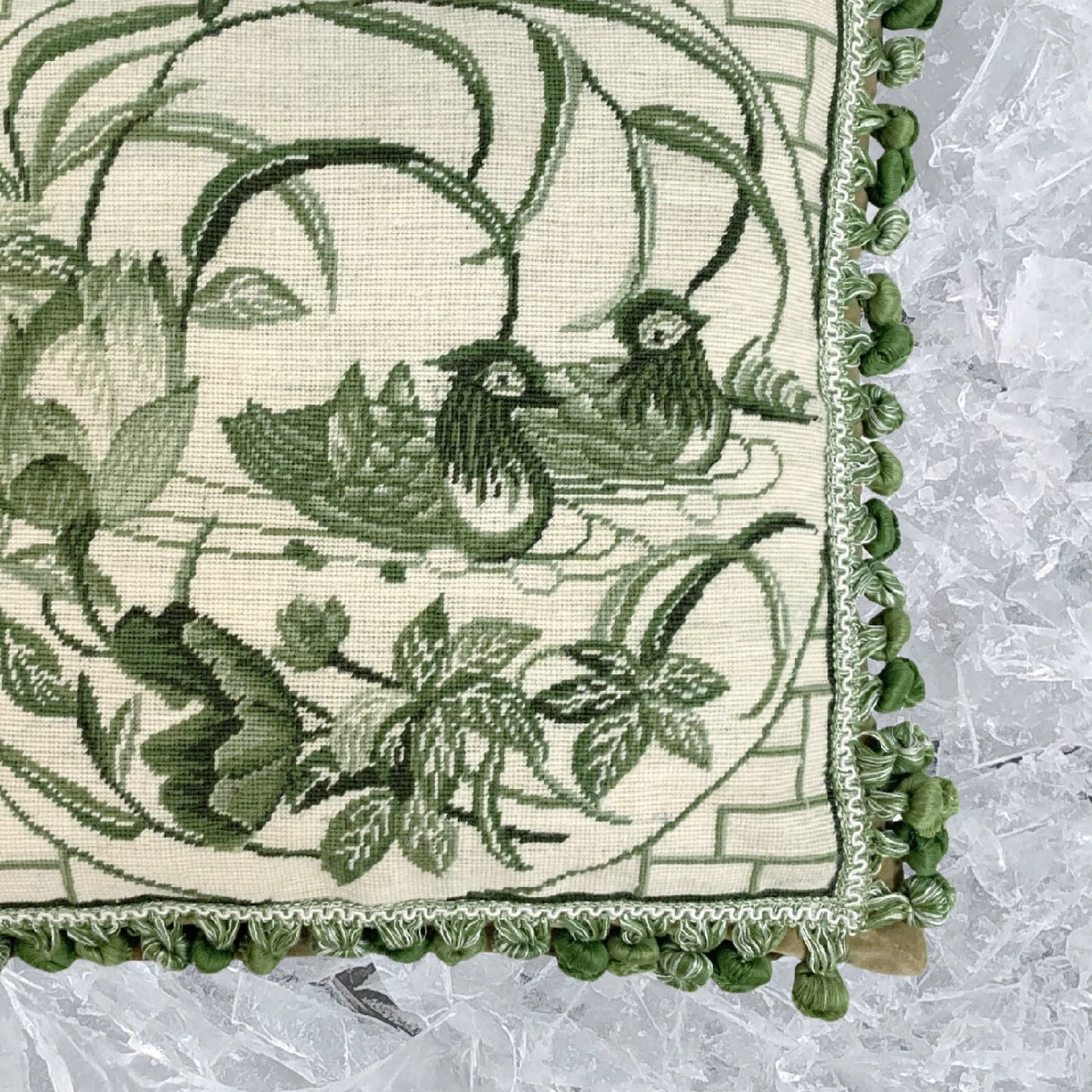 Handmade Wool Needlepoint Pillow Cover - Decorative Throw Cushion Cover - Vintage Floral Embroidery Design green Manderain Ducks lotus flower with tassels