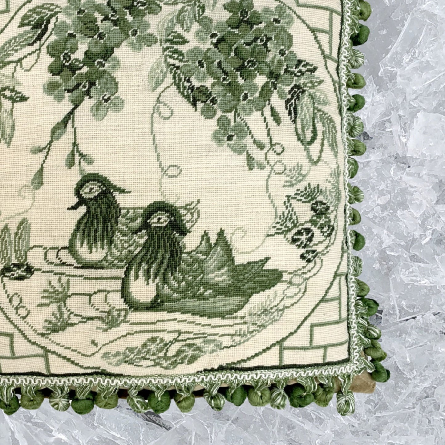 Handmade Wool Needlepoint Pillow Cover - Decorative Throw Cushion Cover - Vintage Floral Embroidery Design green Manderain Ducks plum flower with tassels
