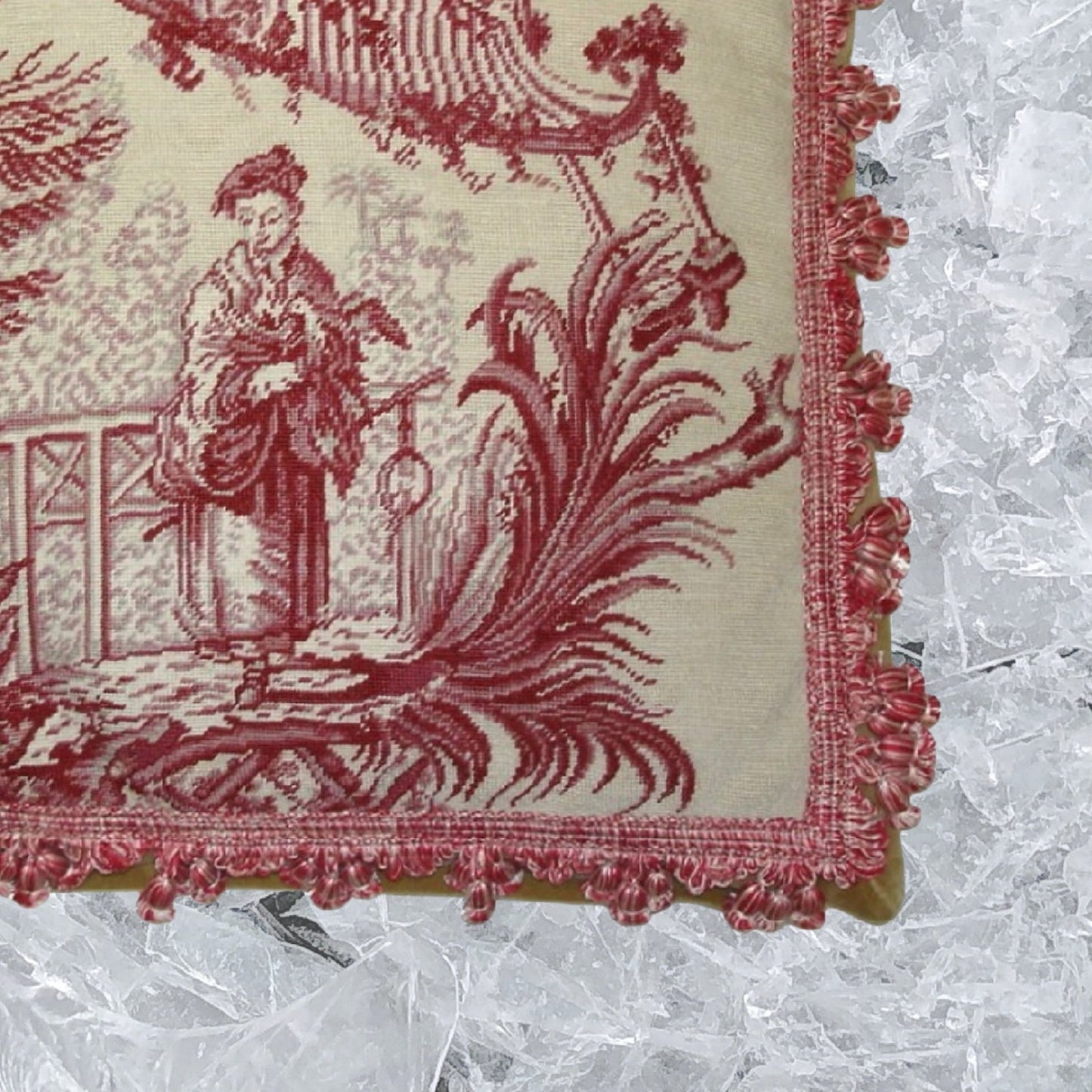 Handmade Wool Needlepoint Pillow Cover - Decorative Throw Cushion Cover - Vintage Floral Embroidery Design Chinese fishman red/white