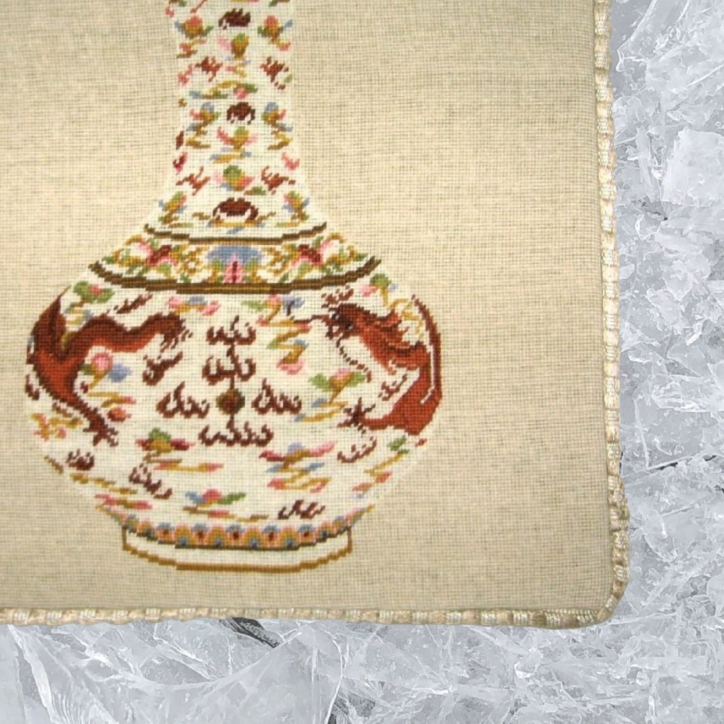 Handmade Wool Needlepoint Pillow Cover - Decorative Throw Cushion Cover - Vintage Floral Embroidery Design Ming dynasty dragon vast with cording