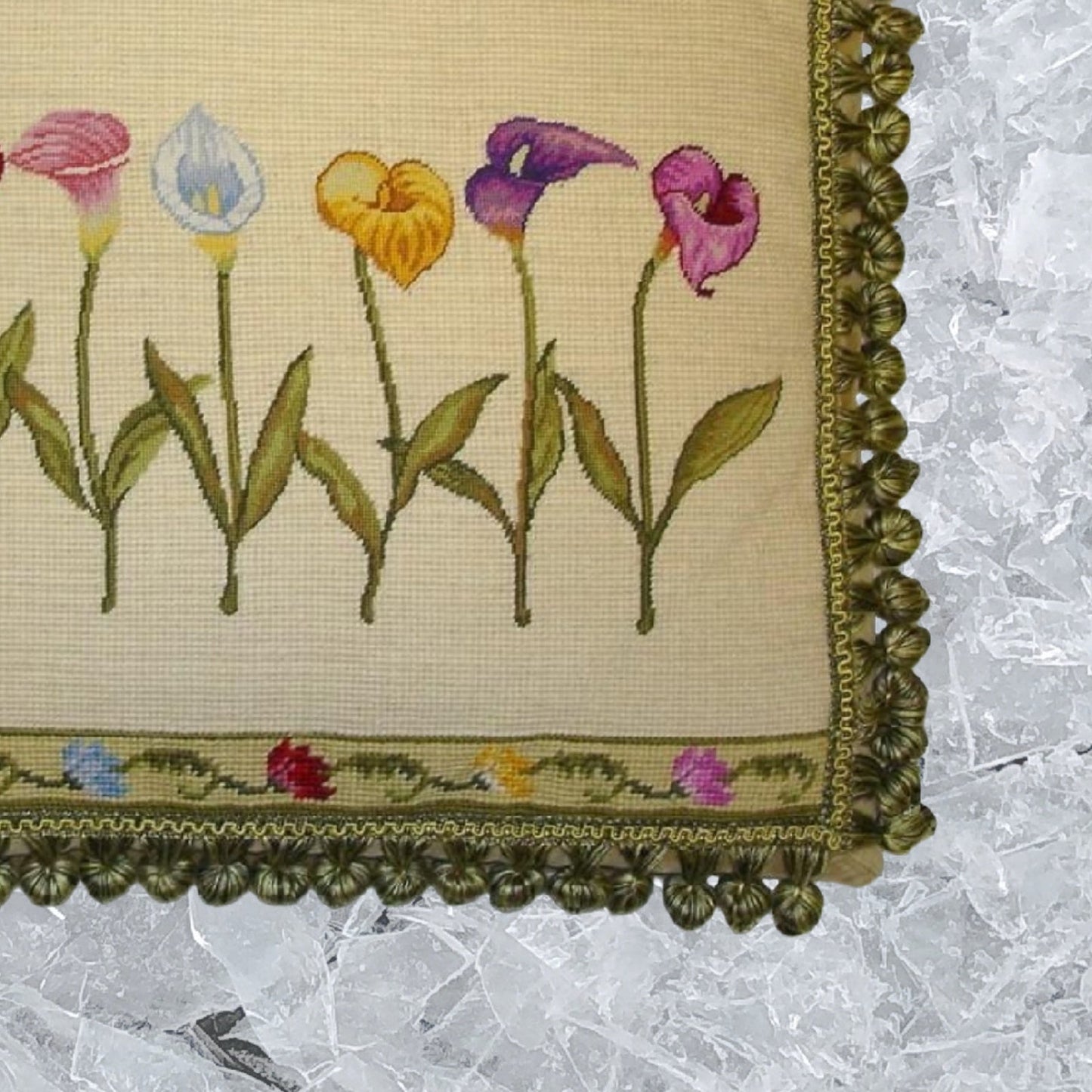 Handmade Wool Needlepoint Pillow Cover - Decorative Throw Cushion Cover - Vintage Floral Embroidery Design with 2 color tassel I