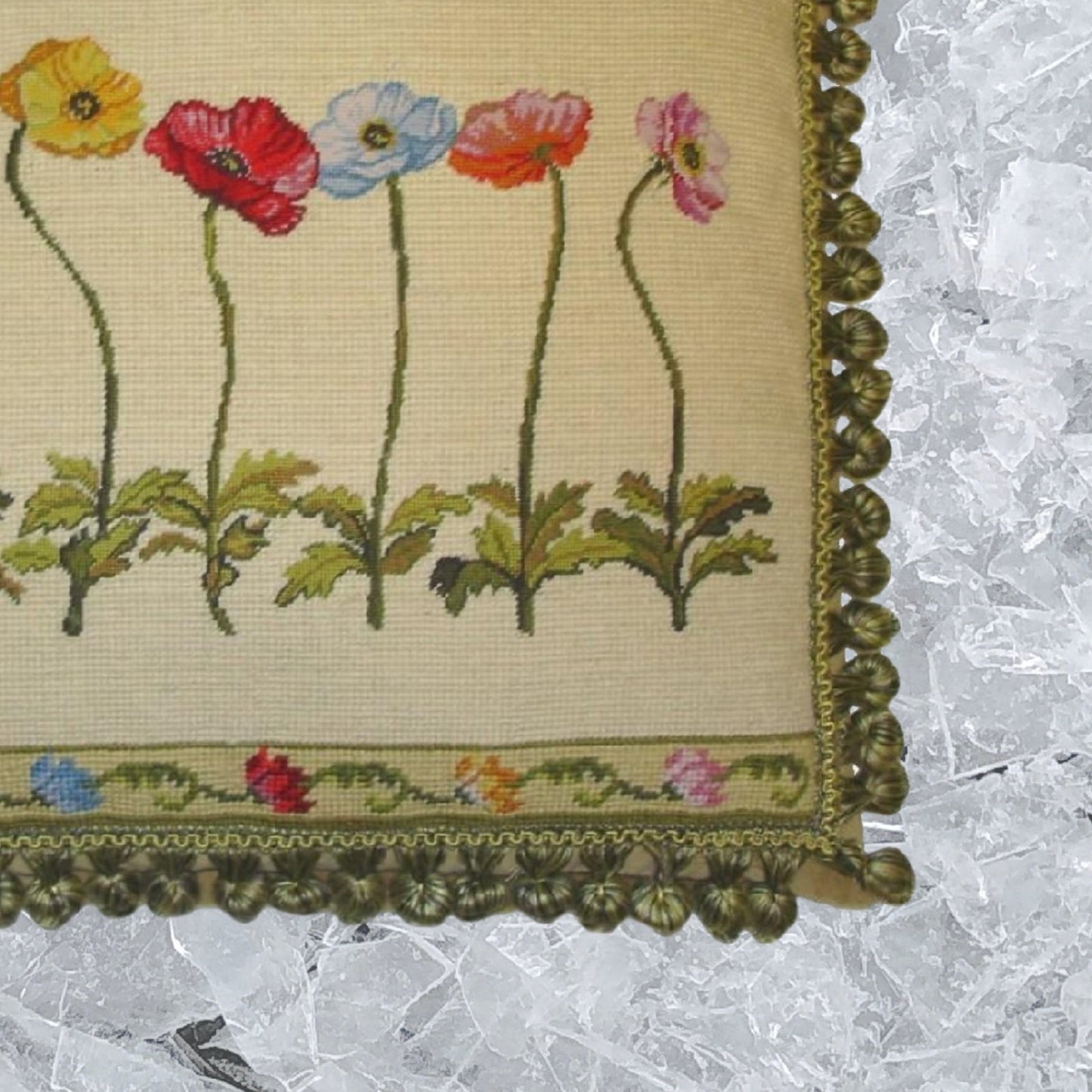 Handmade Wool Needlepoint Pillow Cover - Decorative Throw Cushion Cover - Vintage Floral Embroidery Design with 2 color tassel