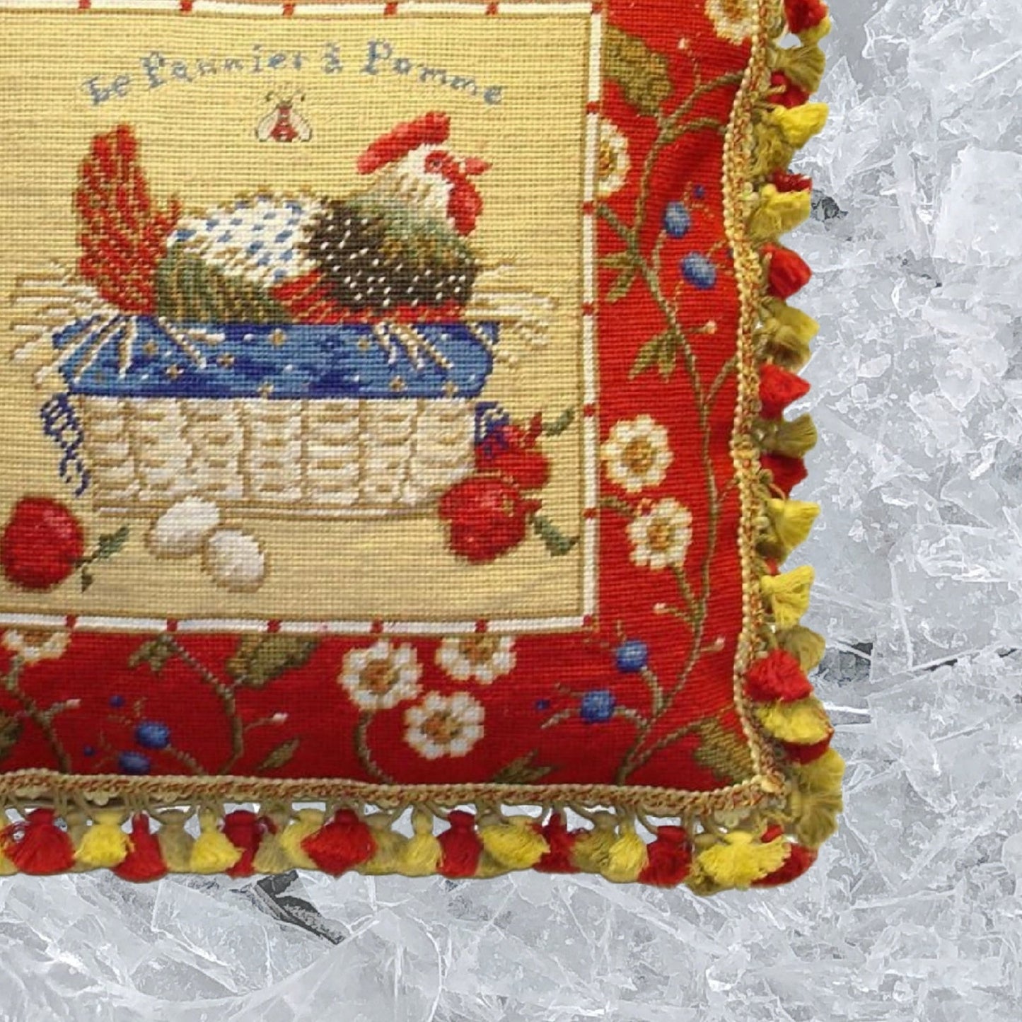 Handmade Wool Needlepoint Pillow Cover - Decorative Throw Cushion Cover - Vintage Floral Embroidery Design SudiMcCollums design Le Panier a Pomme, with bea and 3 color tassel