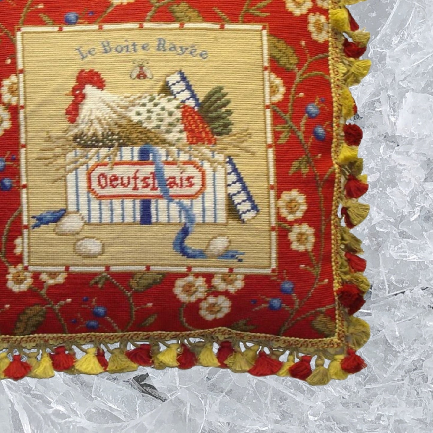 Handmade Wool Needlepoint Pillow Cover - Decorative Throw Cushion Cover - Vintage Floral Embroidery Design Sudi McCollums designLe Boite Rayee with bee and 3 color tassel