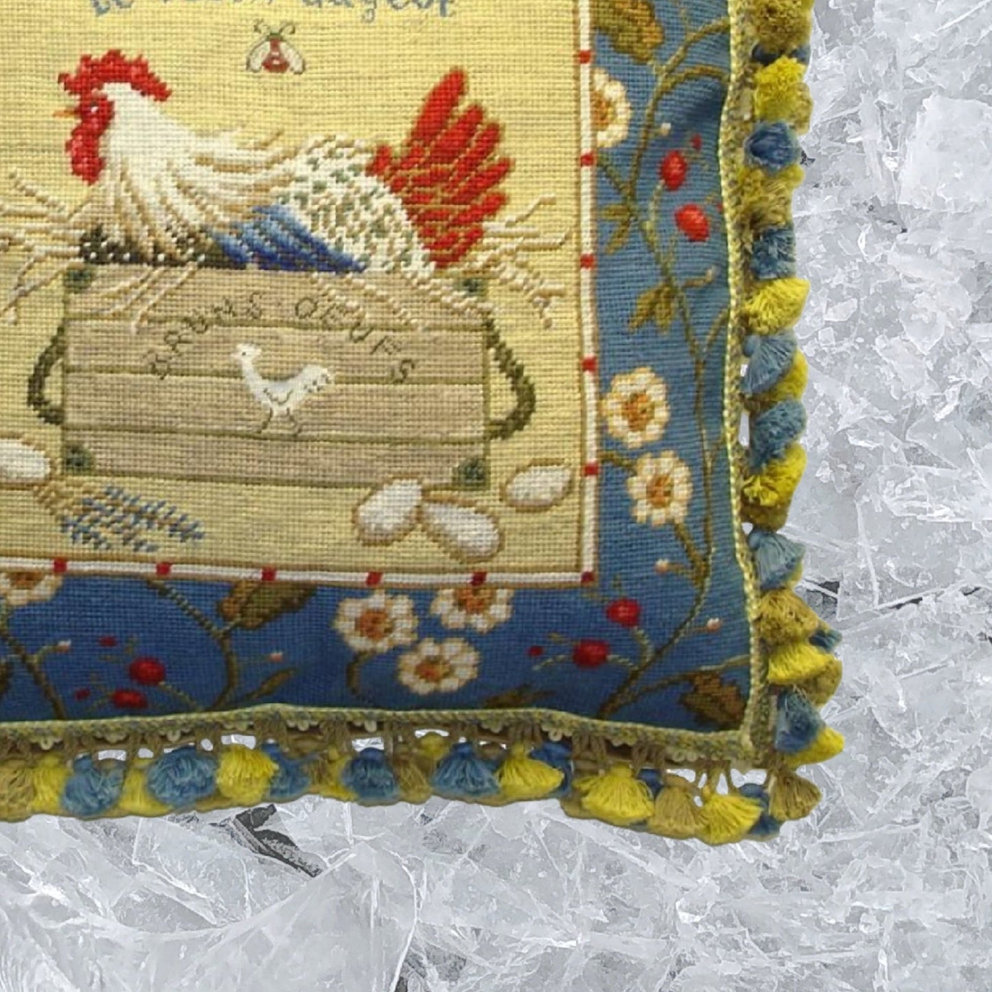 Handmade Wool Needlepoint Pillow Cover - Decorative Throw Cushion Cover - Vintage Floral Embroidery Design Sudi McCollums designLe Vieux Cageot with bee and 3 color tassel