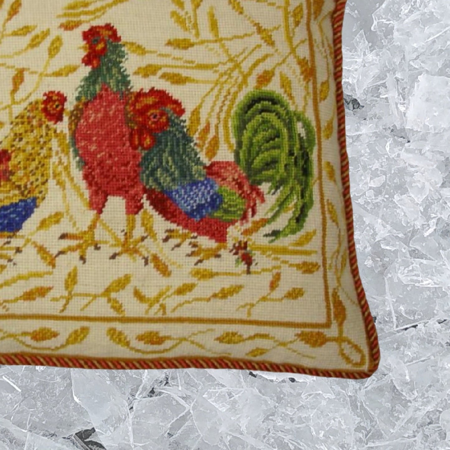 Handmade Wool Needlepoint Pillow Cover - Decorative Throw Cushion Cover - Vintage Floral Embroidery Design 3 roosters Anne Hathaways Design