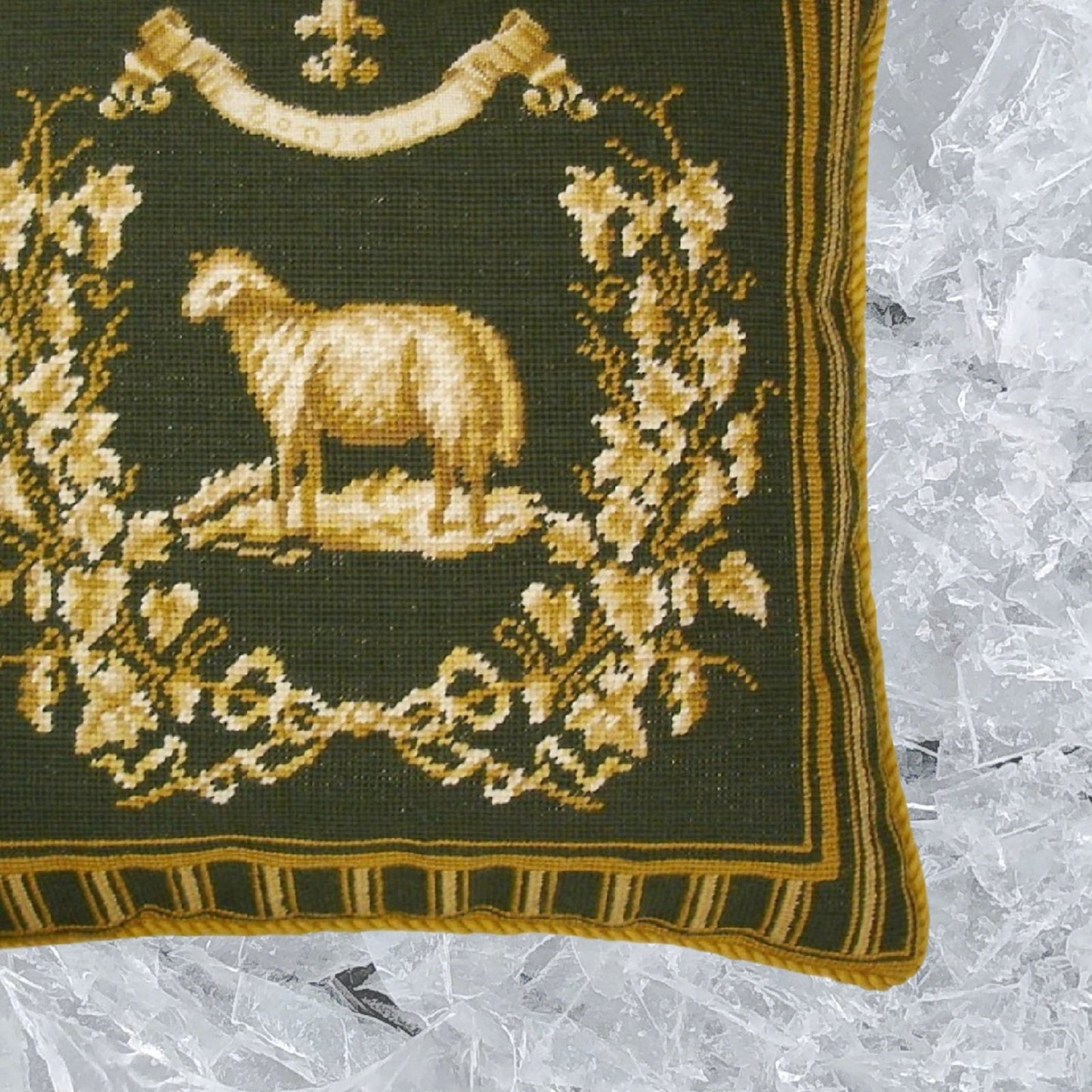 Handmade Wool Needlepoint Pillow Cover - Decorative Throw Cushion Cover - Vintage Floral Embroidery Design Gayle Bighouses Design french country sheep green