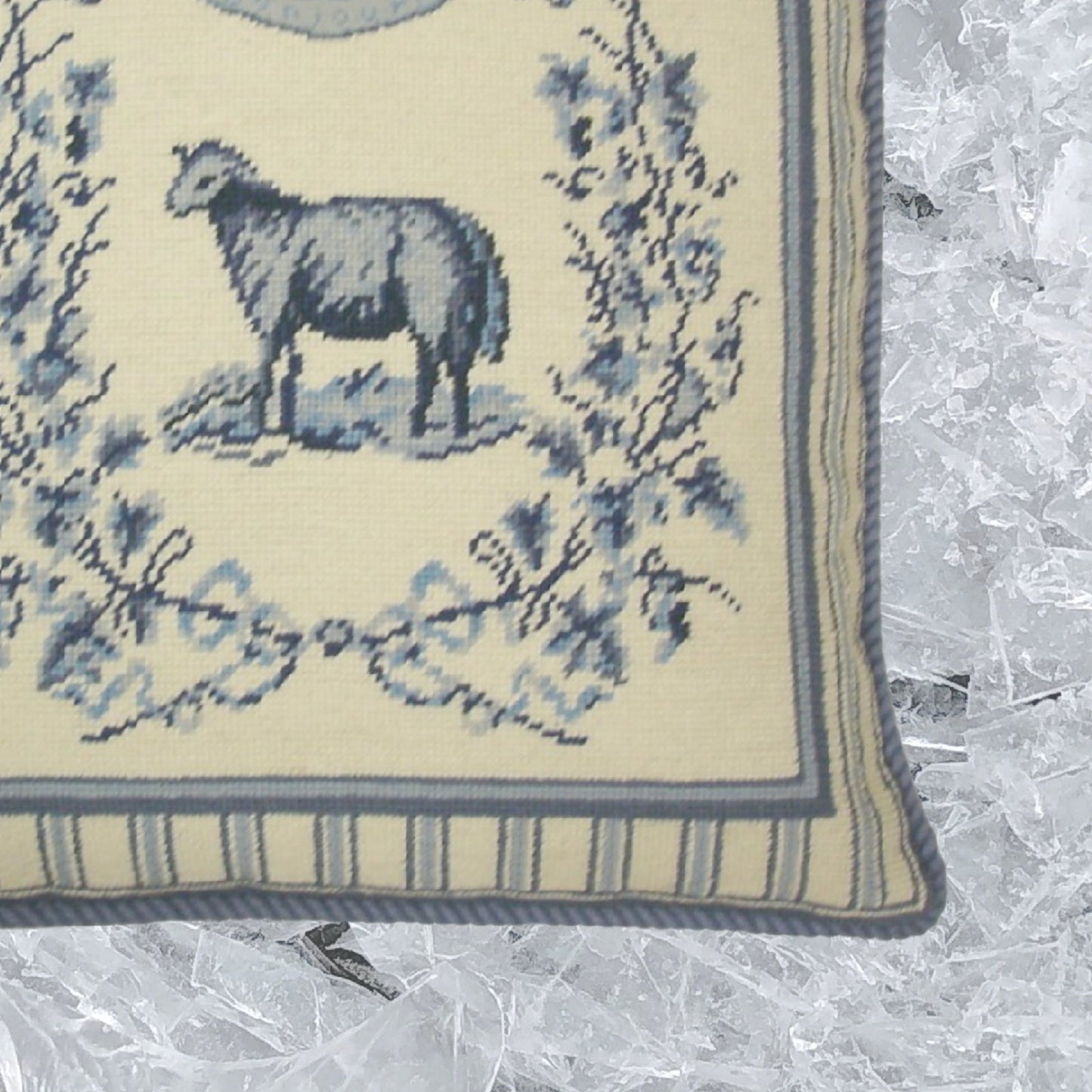 Handmade Wool Needlepoint Pillow Cover - Decorative Throw Cushion Cover - Vintage Floral Embroidery Design Gayle Bighouses design french country sheep blue