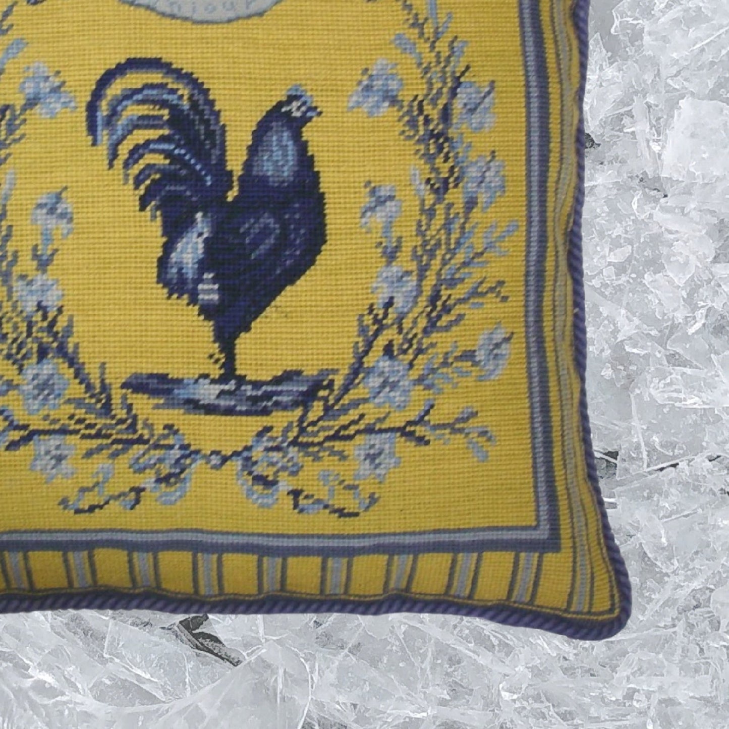 Handmade Wool Needlepoint Pillow Cover - Decorative Throw Cushion Cover - Vintage Floral Embroidery DesignGrosspoint yellow/blue Rooster with cording