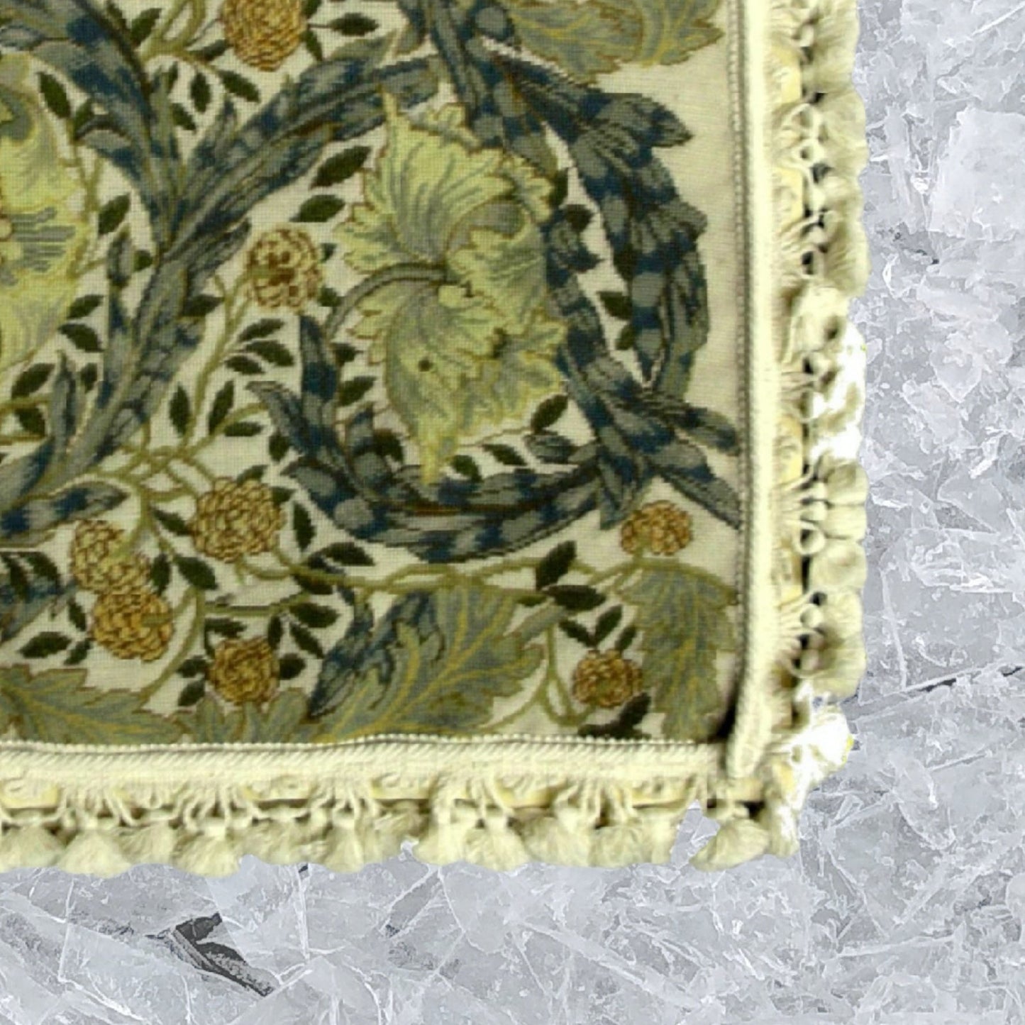 Handmade Wool Needlepoint Pillow Cover - Decorative Throw Cushion Cover - Vintage Floral Embroidery Design All William Morris Old World leafs with white tassels