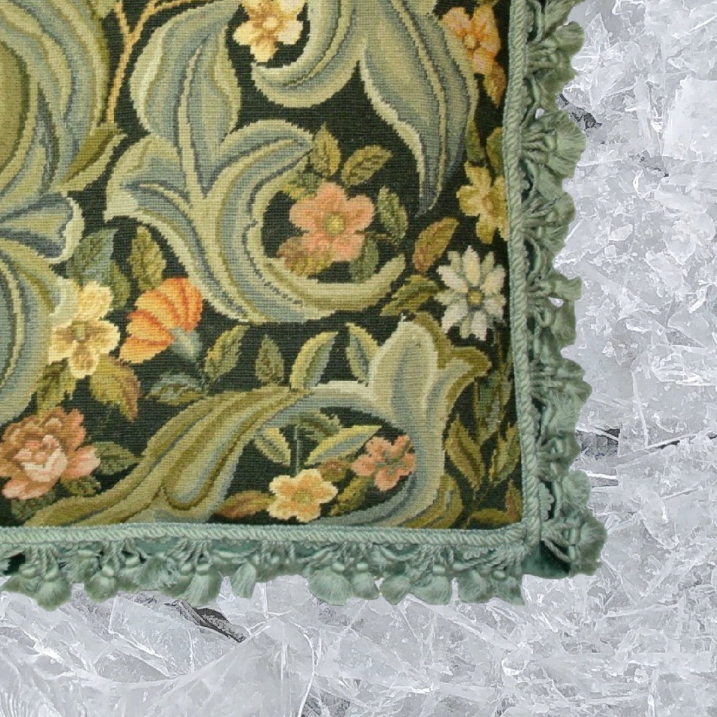 Handmade Wool Needlepoint Pillow Cover - Decorative Throw Cushion Cover - Vintage Floral Embroidery Design All William Morris Old World leafs & flowers with nature tassels