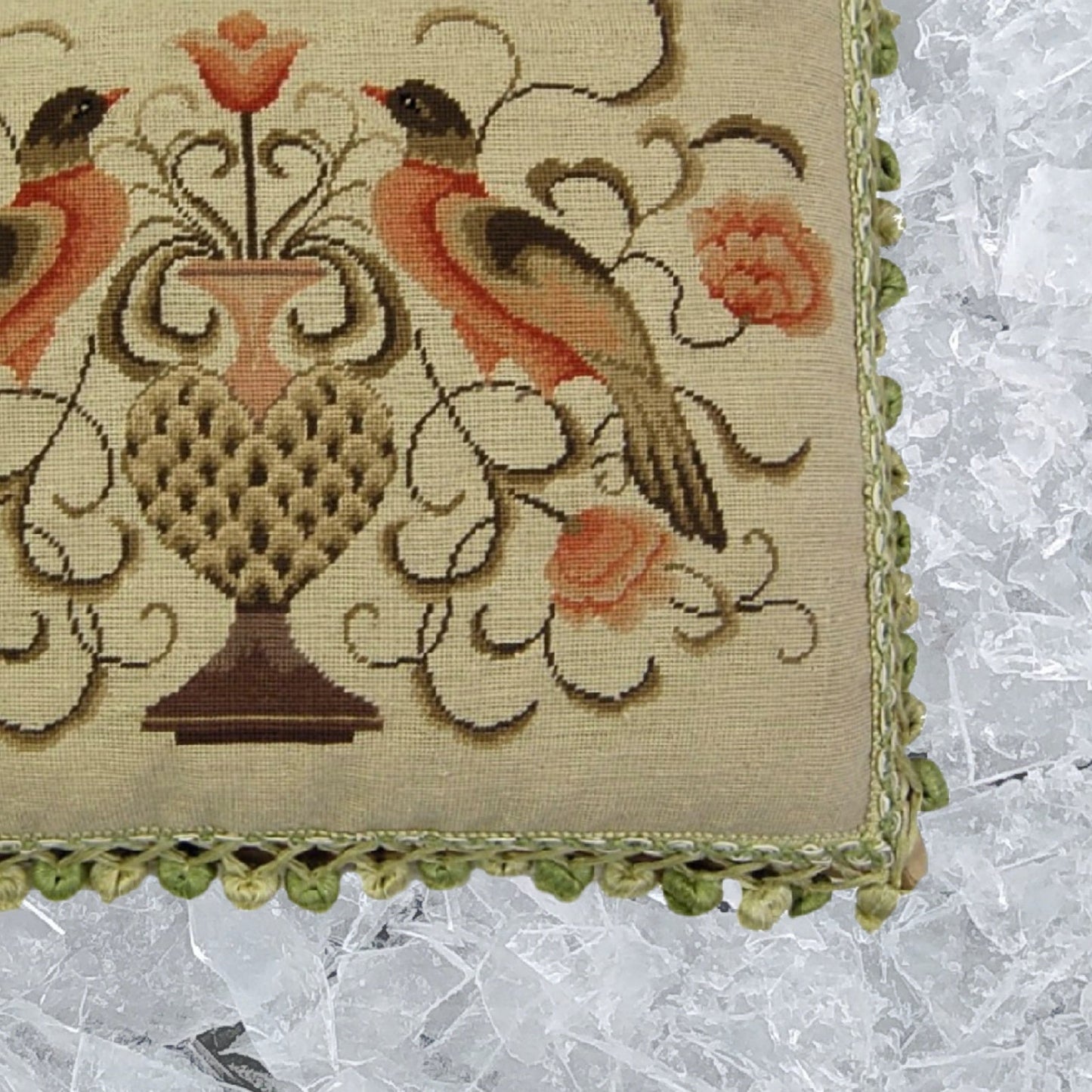 Handmade Wool Needlepoint Pillow Cover - Decorative Throw Cushion Cover - Vintage Floral Embroidery Design 2 birds with 2 color tassels