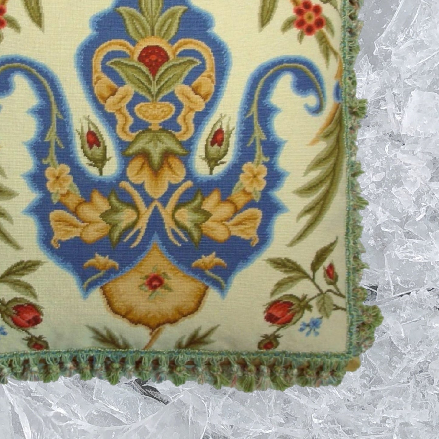Handmade Wool Needlepoint Pillow Cover - Decorative Throw Cushion Cover - Vintage Floral Embroidery Design blue tulip red roses with tassels