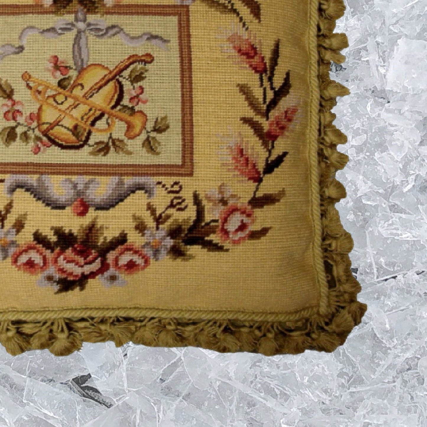 Handmade Wool Needlepoint Pillow Cover - Decorative Throw Cushion Cover - Vintage Floral Embroidery Design big Viola and Trumpet background