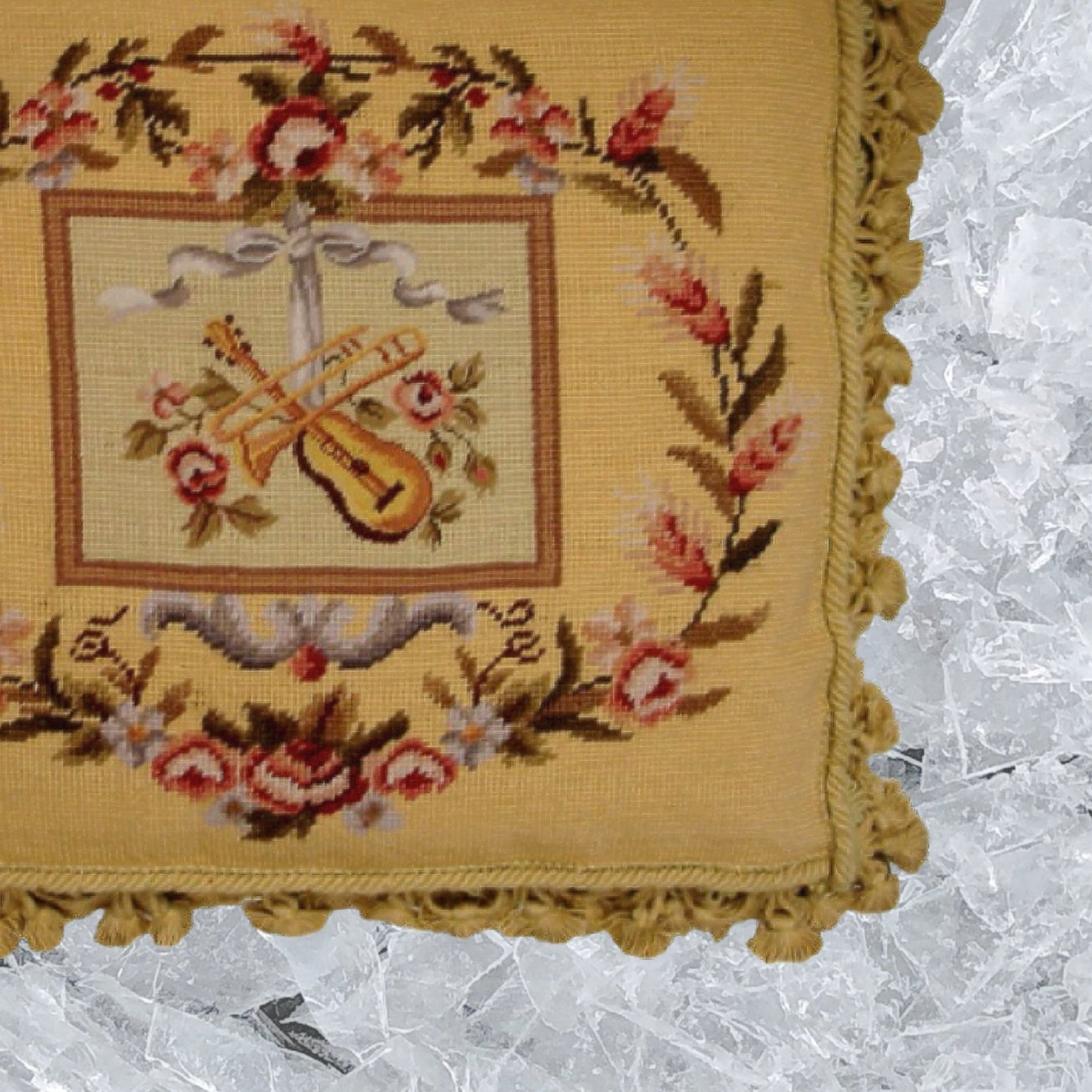 Handmade Wool Needlepoint Pillow Cover - Decorative Throw Cushion Cover - Vintage Floral Embroidery Design Violin background