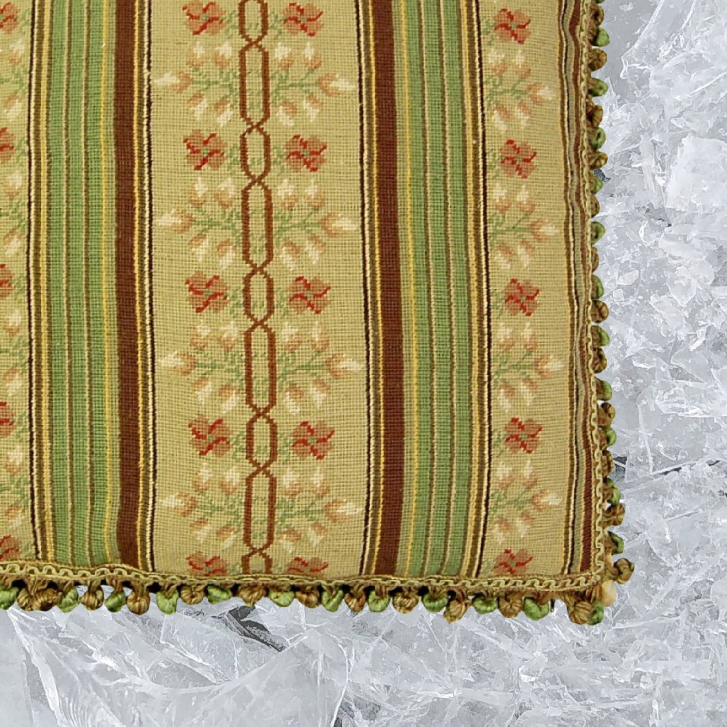 Handmade Wool Needlepoint Pillow Cover - Decorative Throw Cushion Cover - Vintage Floral Embroidery Design green/brown small patten center with 3 color tassels