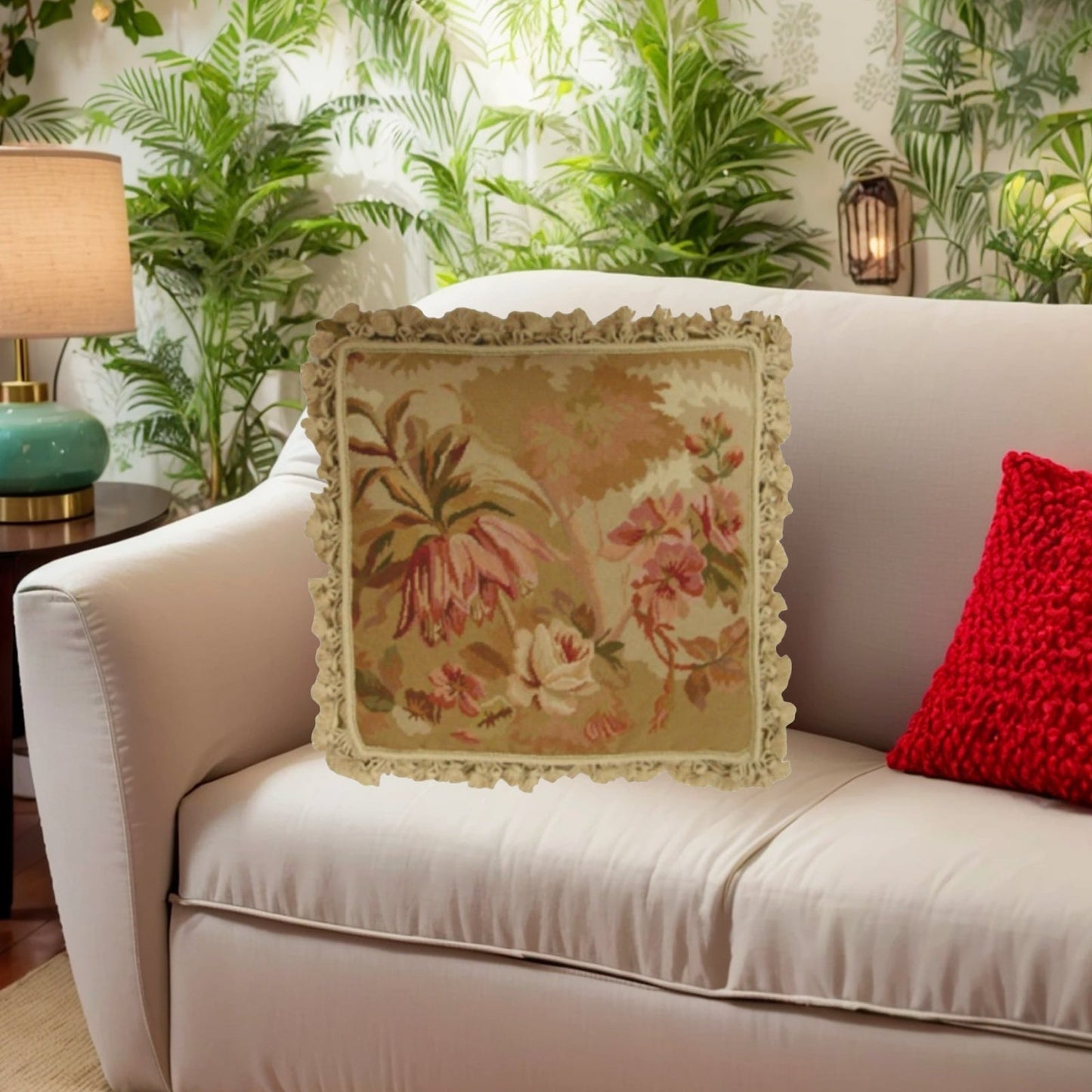 Handmade Wool Needlepoint Pillow Cover - Decorative Throw Cushion Cover - Vintage Floral Embroidery Design  antique looking roses & orchard light & dark beige background with tassels