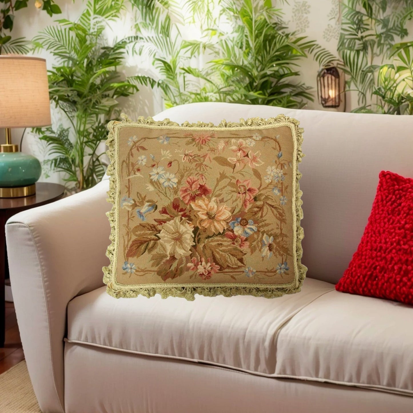 Handmade Wool Needlepoint Pillow Cover - Decorative Throw Cushion Cover - Vintage Floral Embroidery Design antique floral with nature tassel