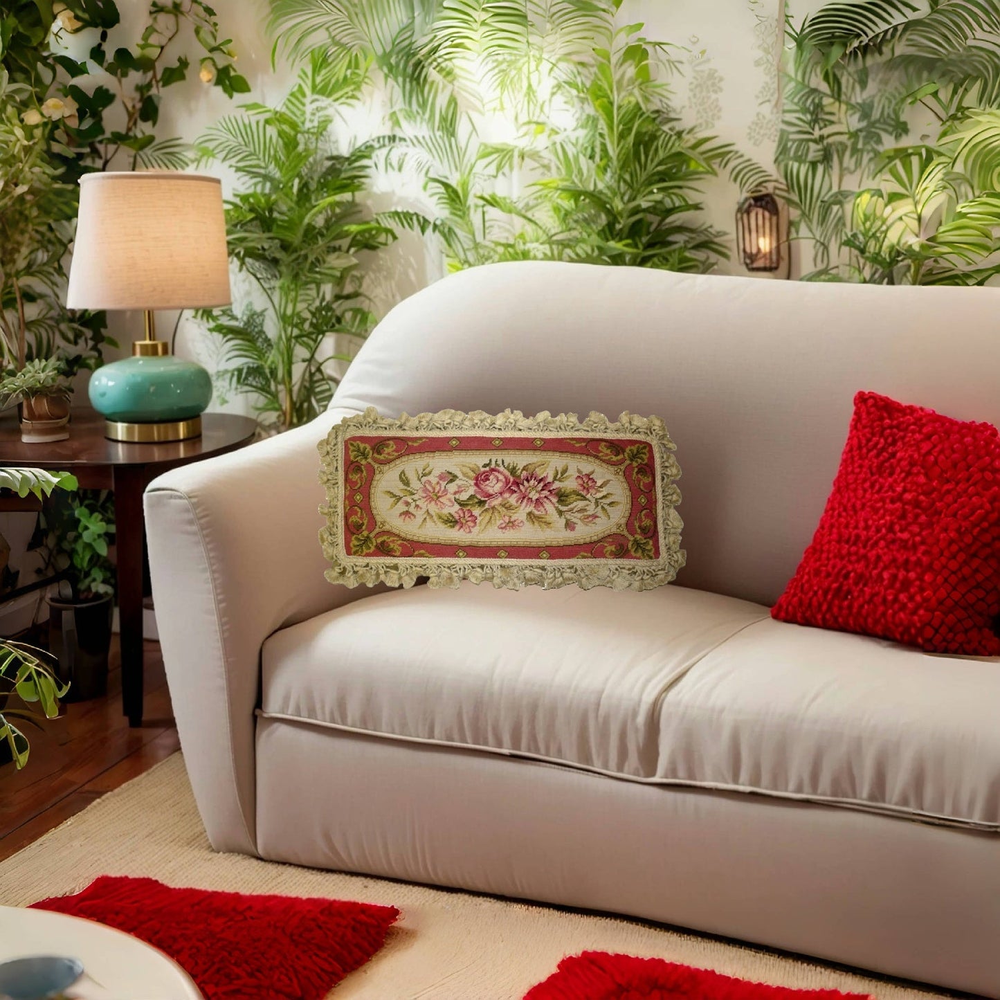 Handmade Wool Needlepoint Pillow Cover - Decorative Throw Cushion Cover - Vintage Floral Embroidery Design  neckroll with tassels A