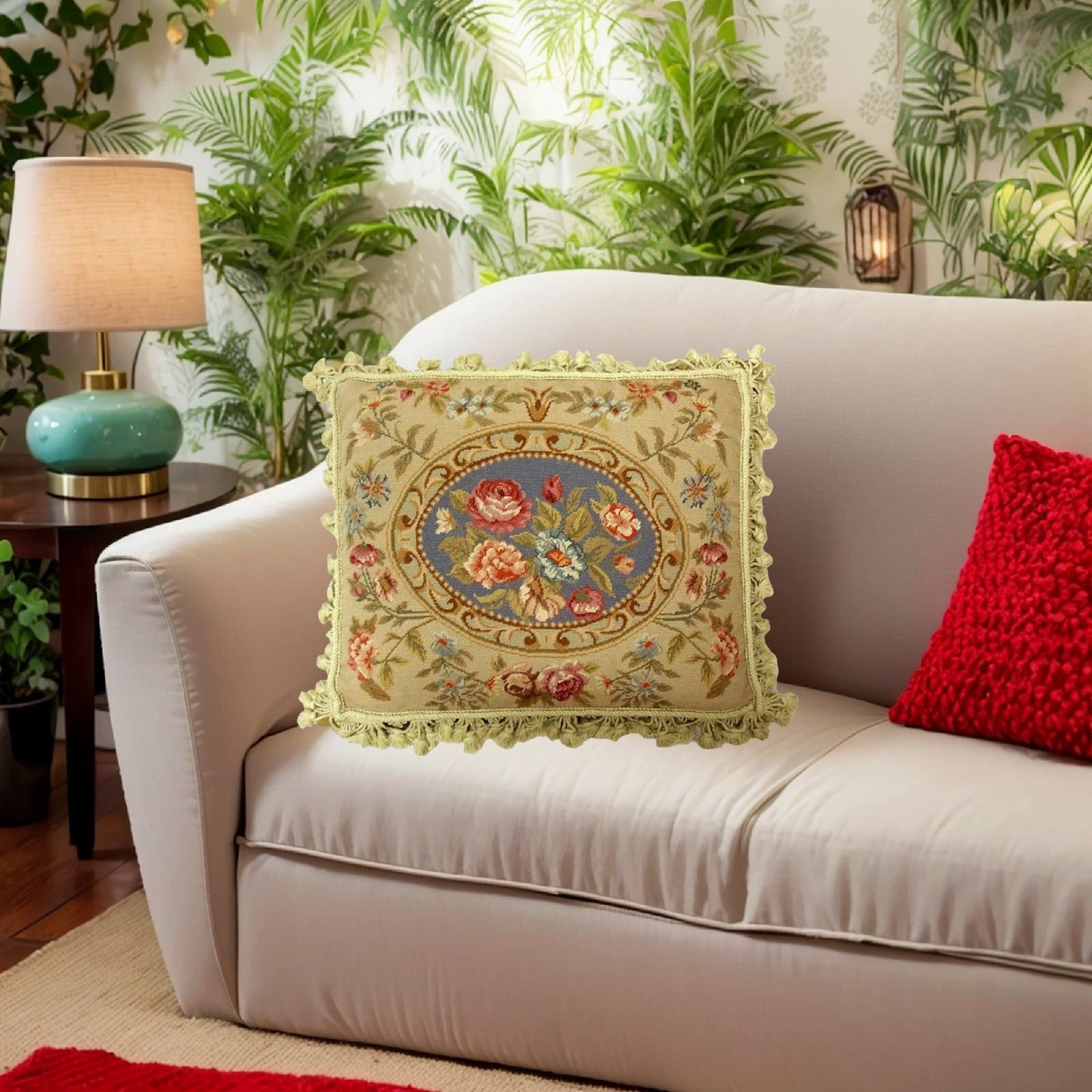 Handmade Wool Needlepoint Pillow Cover - Decorative Throw Cushion Cover - Vintage Floral Embroidery Design II