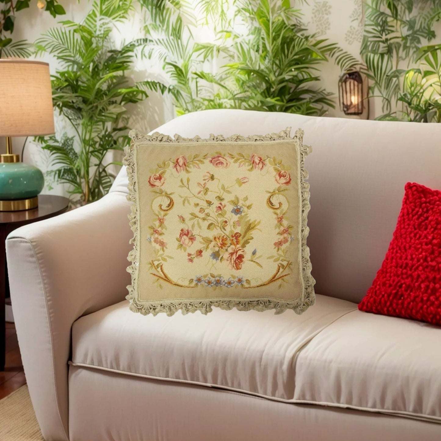 Handmade Wool Needlepoint Pillow Cover - Decorative Throw Cushion Cover - Vintage Floral Embroidery Design III