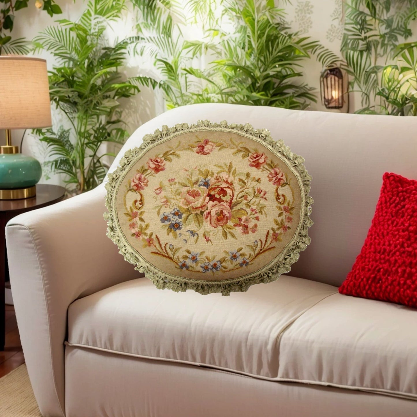 Handmade Wool Needlepoint Pillow Cover - Decorative Throw Cushion Cover - Vintage Floral Embroidery Design oval pillow antique roses bage background nature tassels
