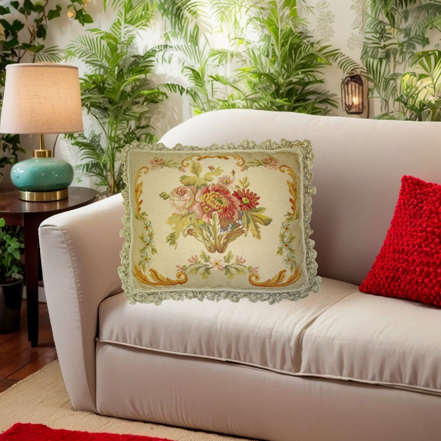 Handmade Wool Needlepoint Pillow Cover - Decorative Throw Cushion Cover - Vintage Floral Embroidery Design VI