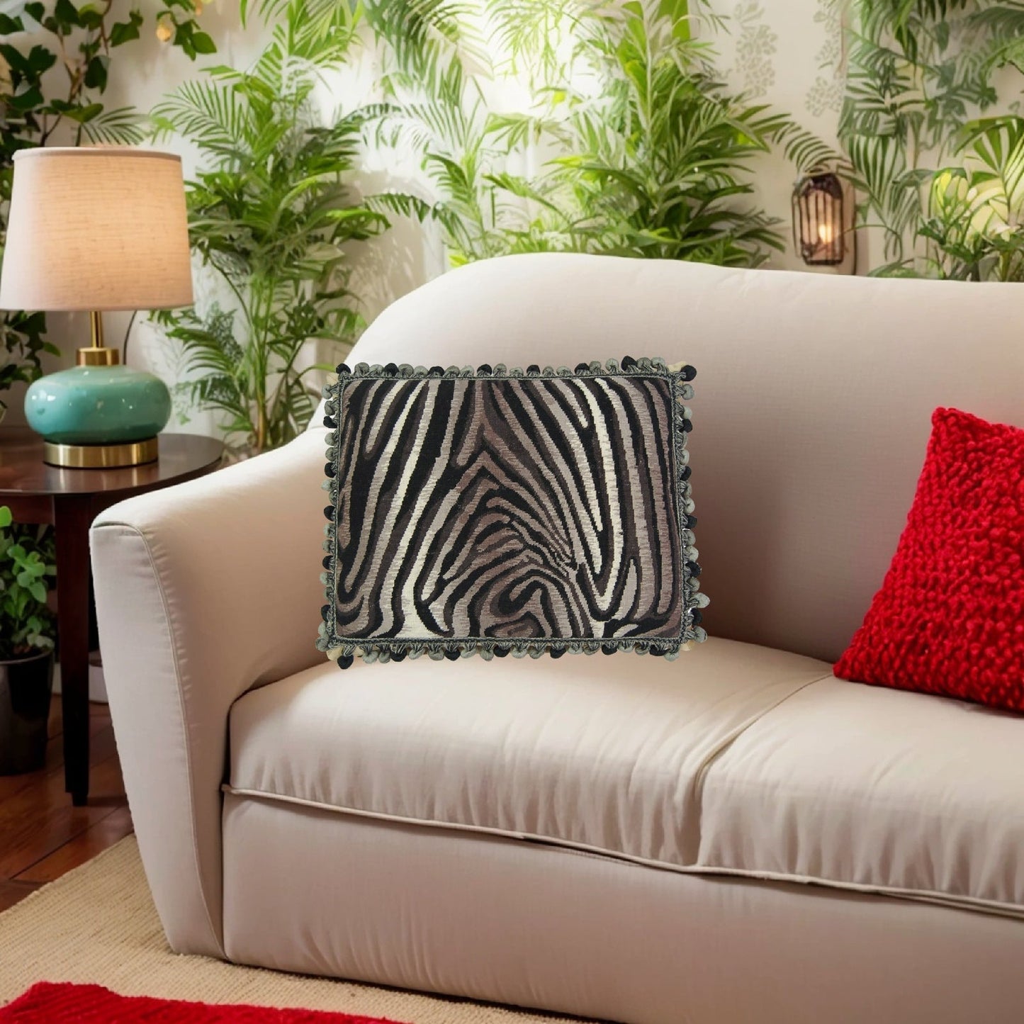 Handmade Wool Needlepoint Pillow Cover - Decorative Throw Cushion Cover - Vintage Floral Embroidery Design Zabera animal print with 3 color tassel