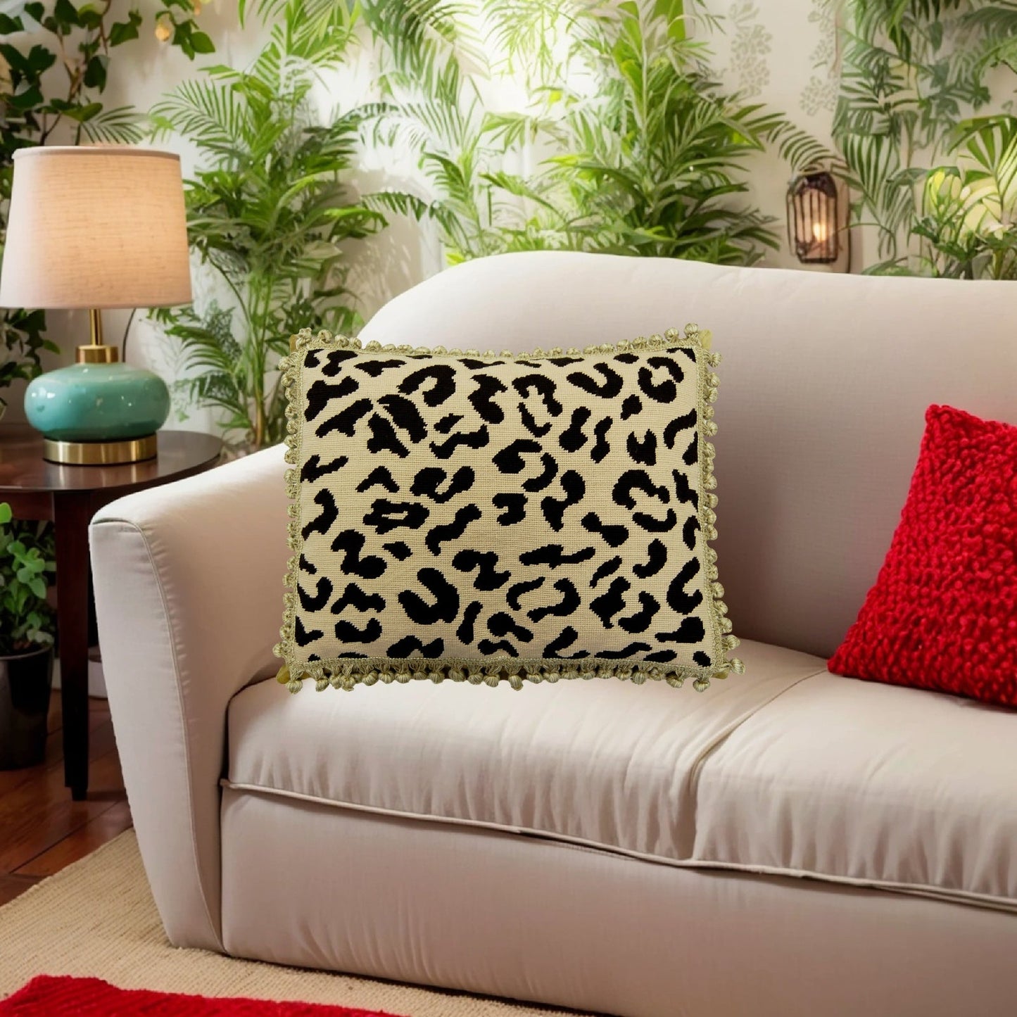 Handmade Wool Needlepoint Pillow Cover - Decorative Throw Cushion Cover - Vintage Floral Embroidery Design black leopard print nature background with tassels