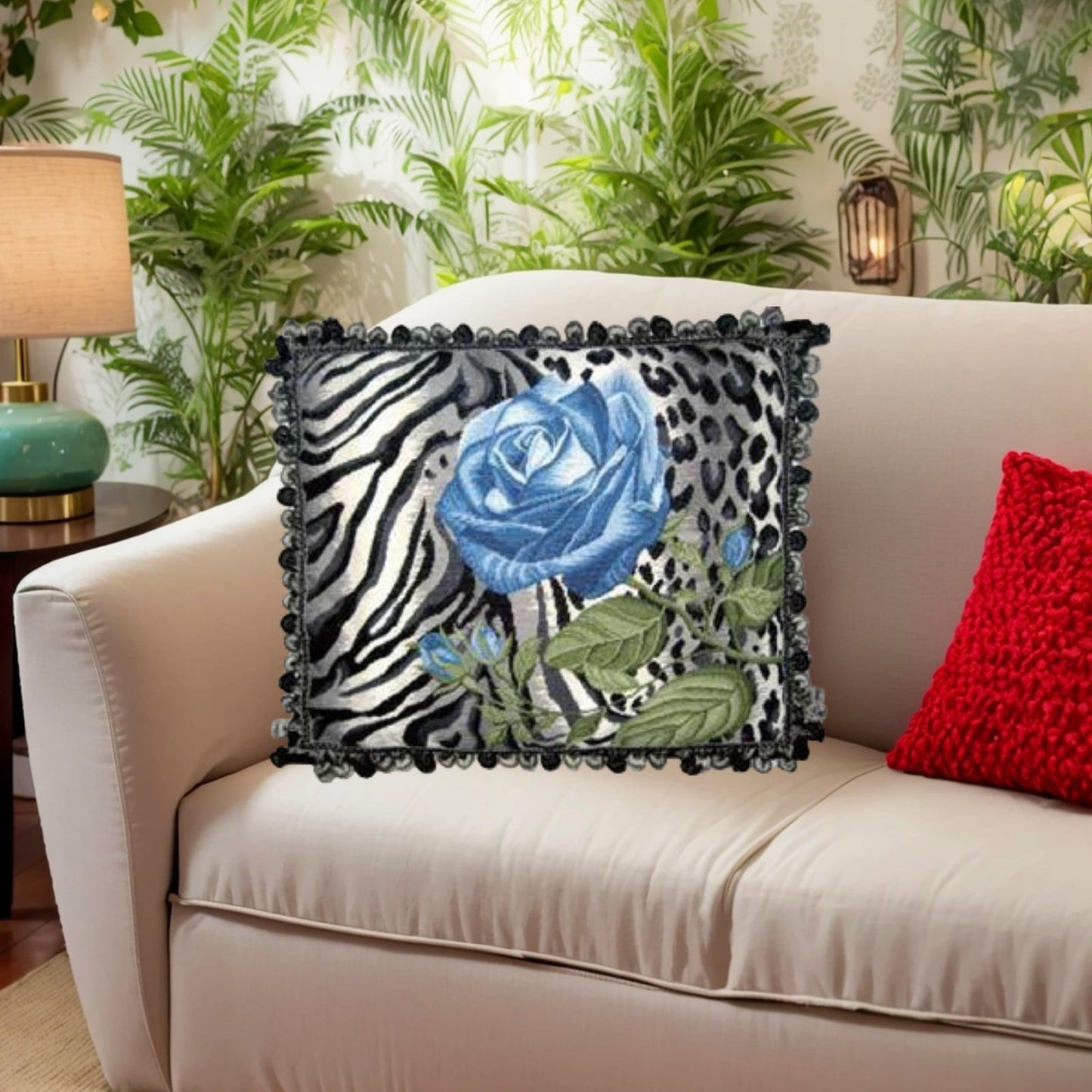 Handmade Wool Needlepoint Pillow Cover - Decorative Throw Cushion Cover - Vintage Floral Embroidery Design B/W leopard print blue rose with 3 color tassel