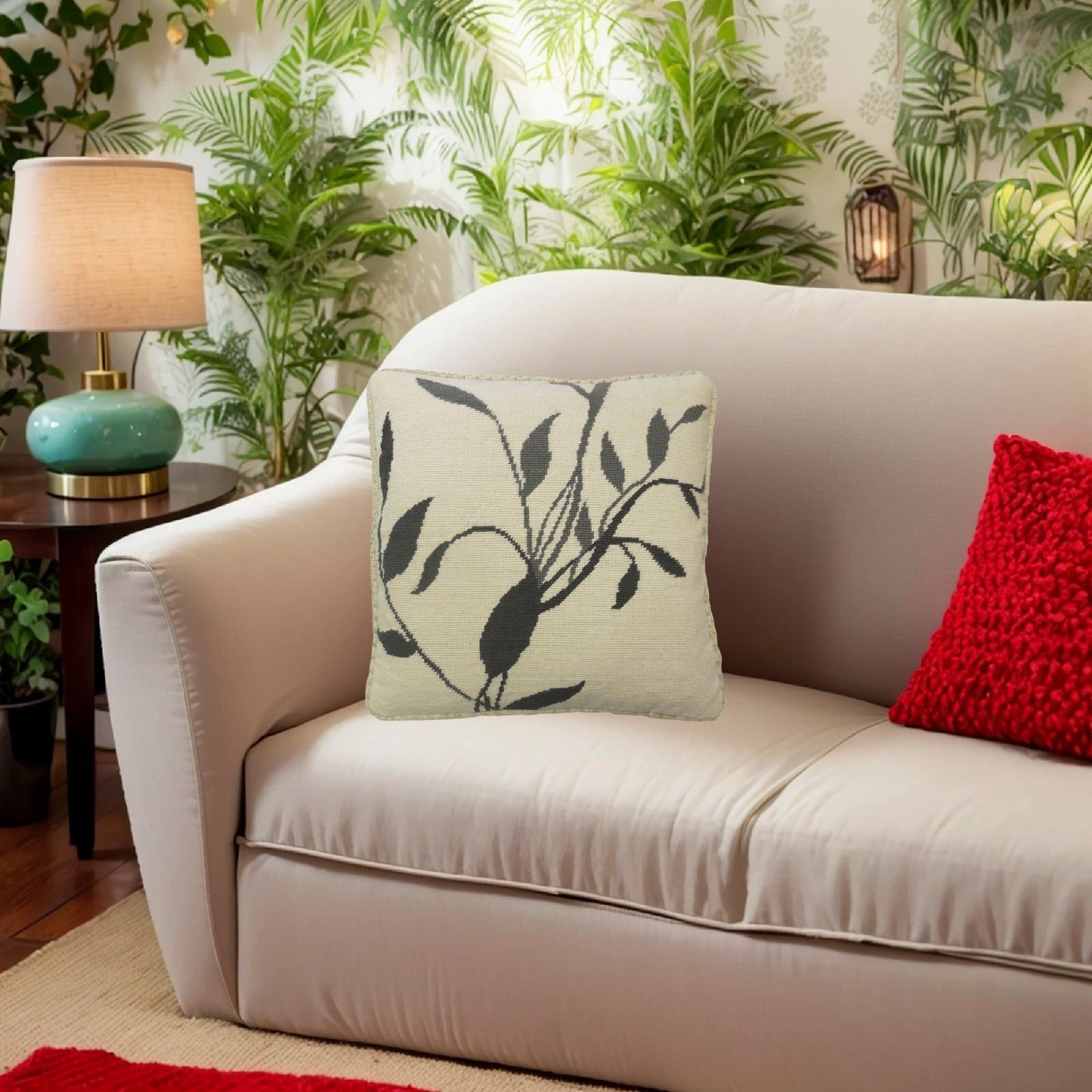 Handmade Wool Needlepoint Pillow Cover - Decorative Throw Cushion Cover - Vintage Floral Embroidery Design gray/black leaves off-white background with checker cording