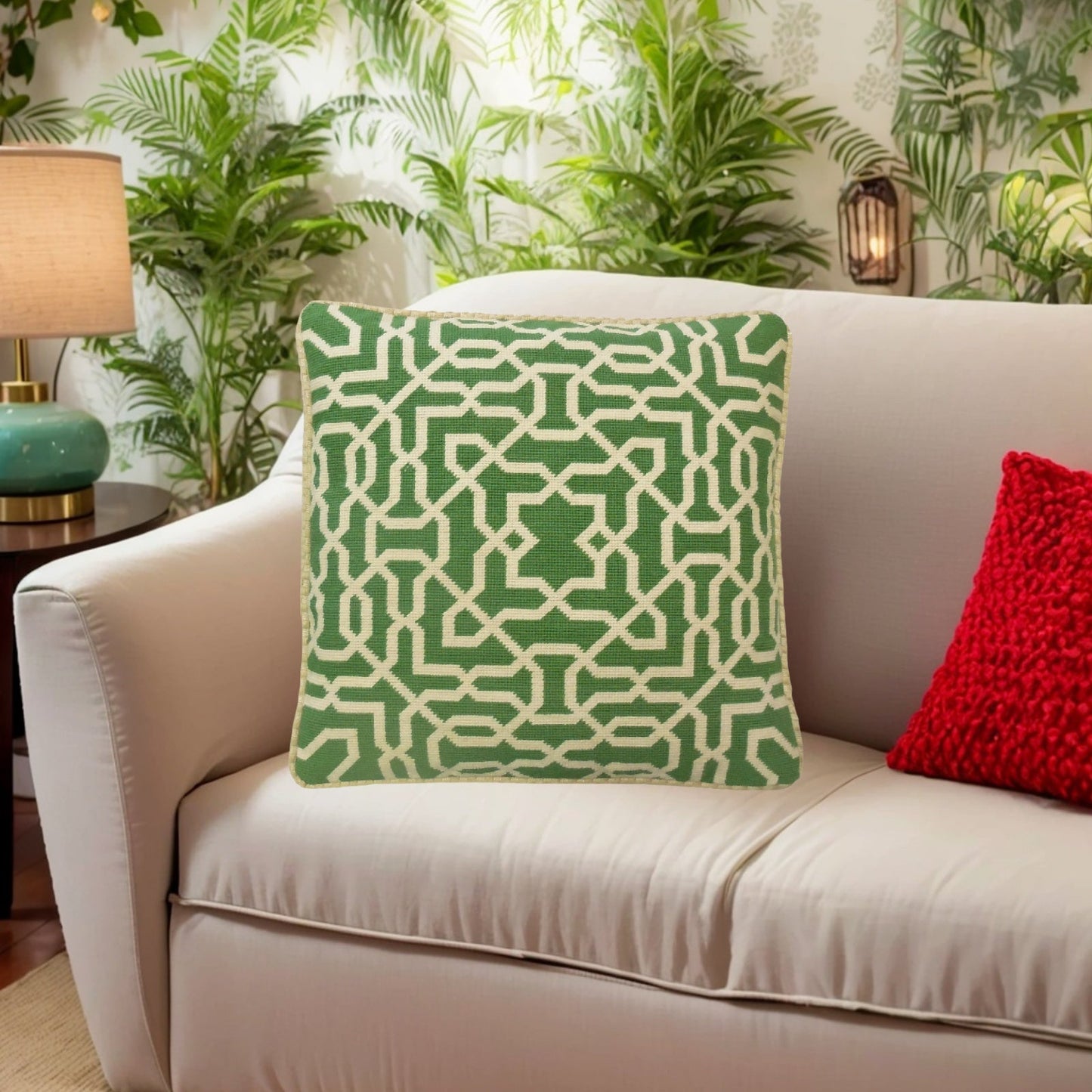 Handmade Wool Needlepoint Pillow Cover - Decorative Throw Cushion Cover - Vintage Floral Embroidery Design green small window designs checker cording