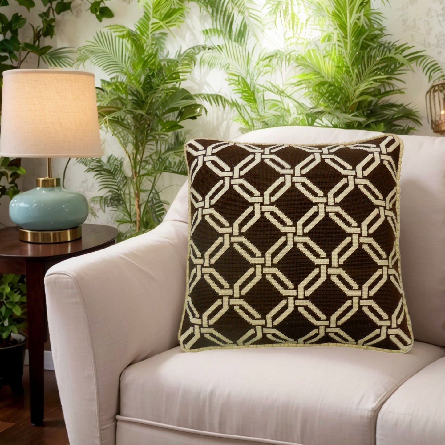 Handmade Wool Needlepoint Pillow Cover - Decorative Throw Cushion Cover - Vintage Floral Embroidery Design chain square in dark brown checker cording