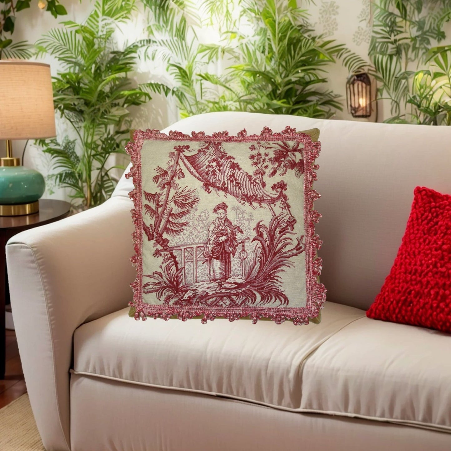 Handmade Wool Needlepoint Pillow Cover - Decorative Throw Cushion Cover - Vintage Floral Embroidery Design Chinese fishman red/white