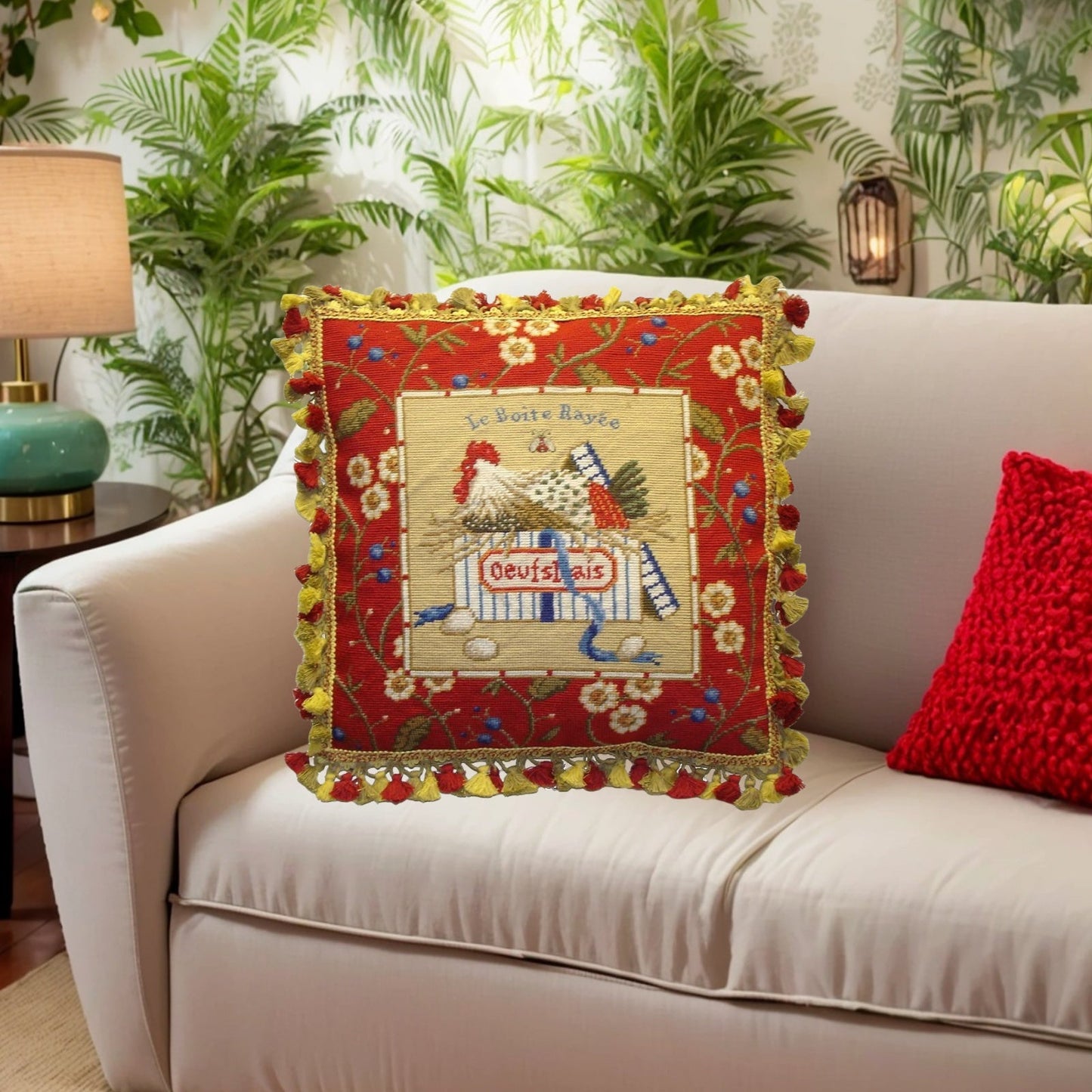 Handmade Wool Needlepoint Pillow Cover - Decorative Throw Cushion Cover - Vintage Floral Embroidery Design Sudi McCollums designLe Boite Rayee with bee and 3 color tassel