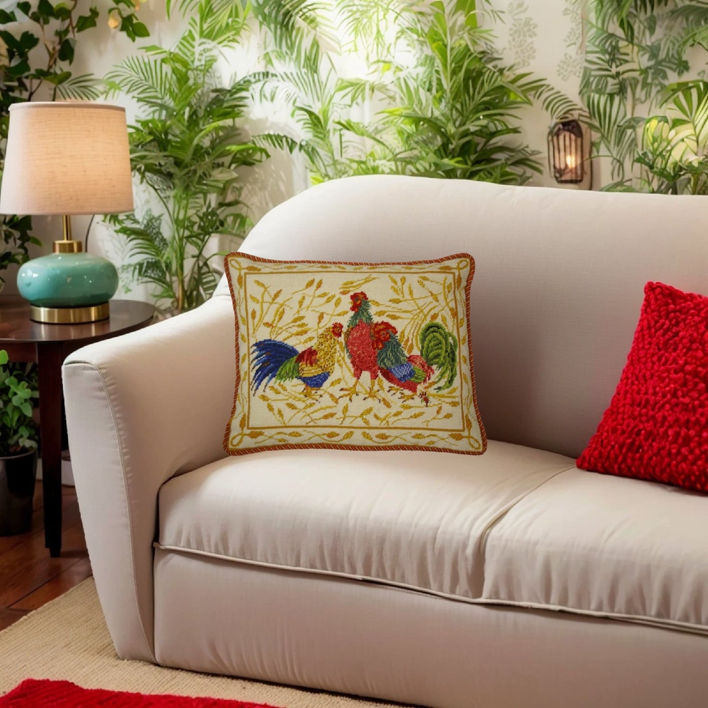 Handmade Wool Needlepoint Pillow Cover - Decorative Throw Cushion Cover - Vintage Floral Embroidery Design 3 roosters Anne Hathaways Design