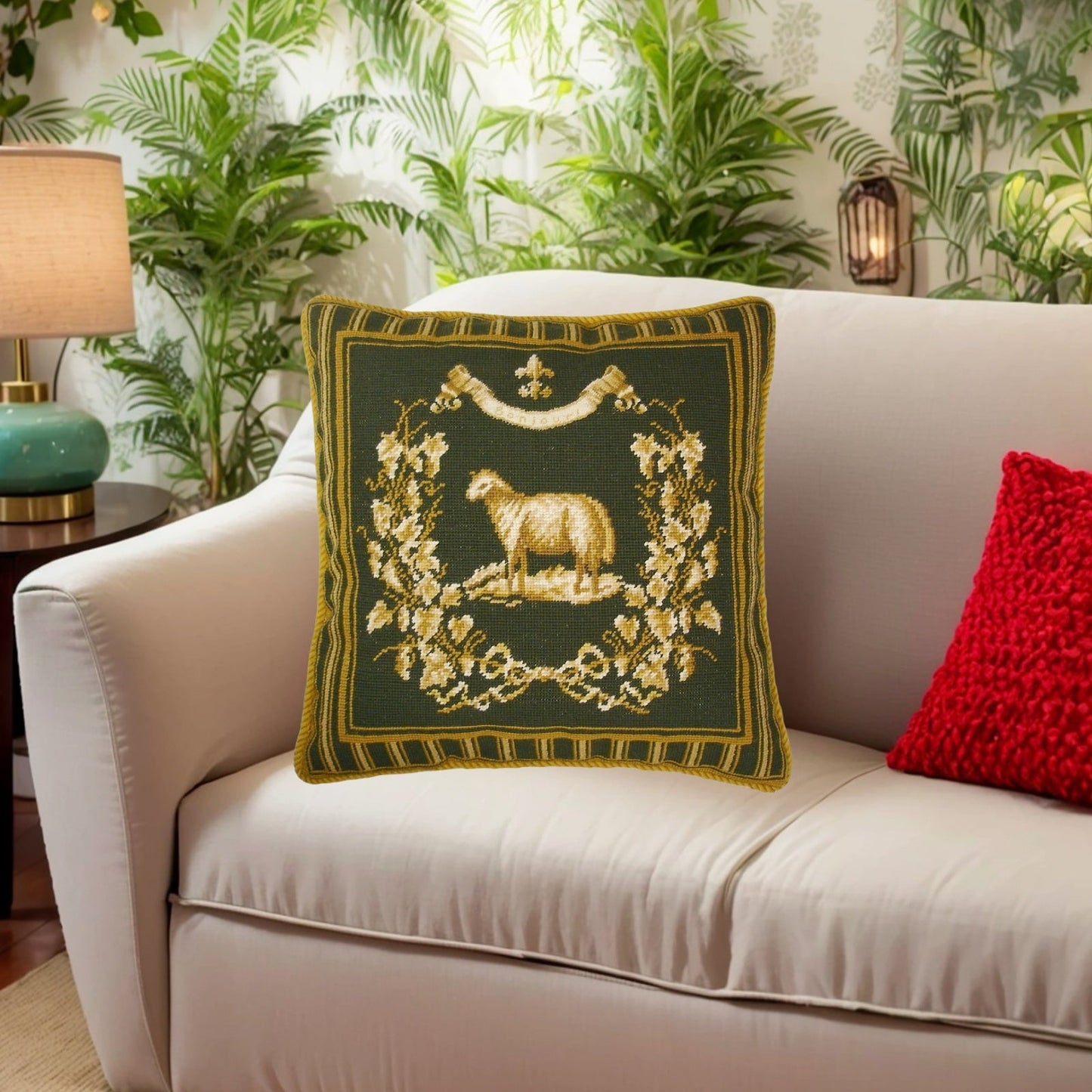 Handmade Wool Needlepoint Pillow Cover - Decorative Throw Cushion Cover - Vintage Floral Embroidery Design Gayle Bighouses Design french country sheep green