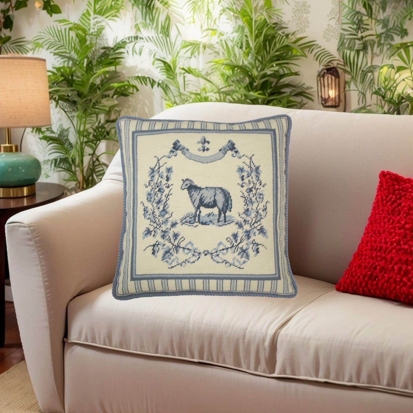 Handmade Wool Needlepoint Pillow Cover - Decorative Throw Cushion Cover - Vintage Floral Embroidery Design Gayle Bighouses design french country sheep blue
